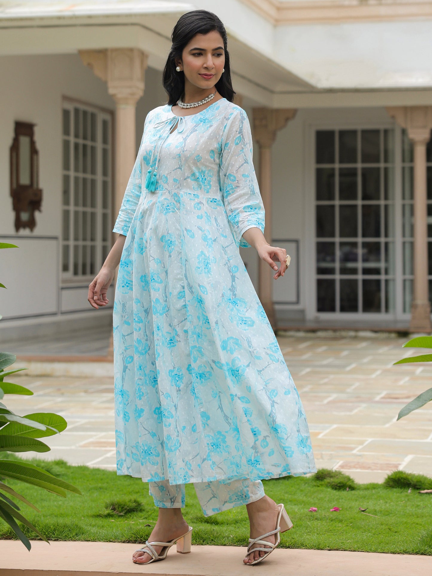Textured Cotton Floral Flared White Kurta