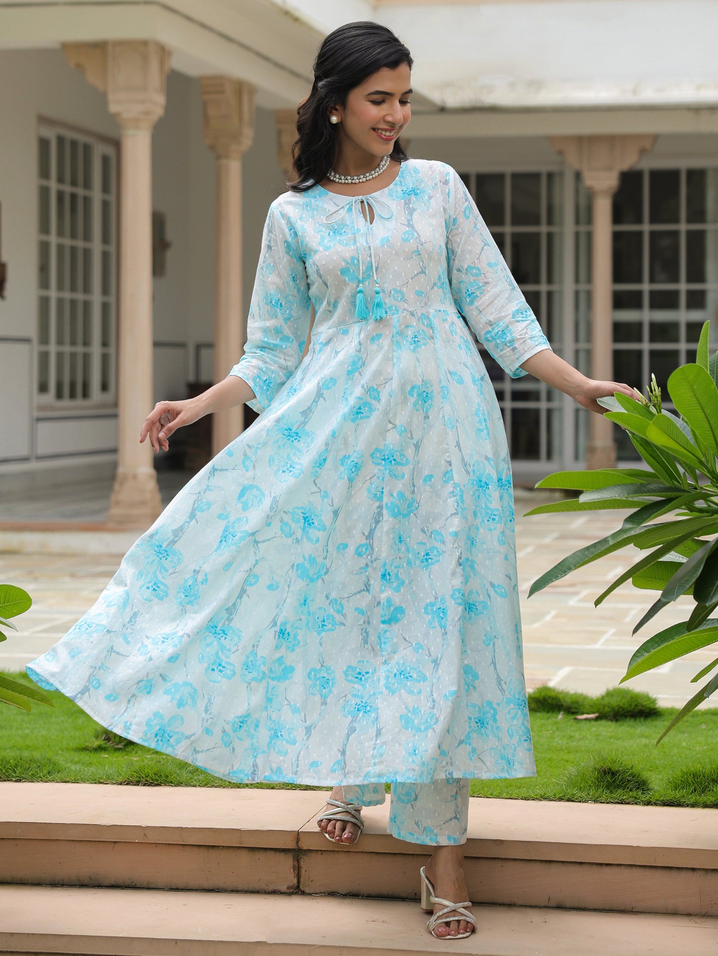 Textured Cotton Floral Flared White Kurta