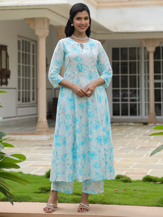 Textured Cotton Floral Flared White Kurta