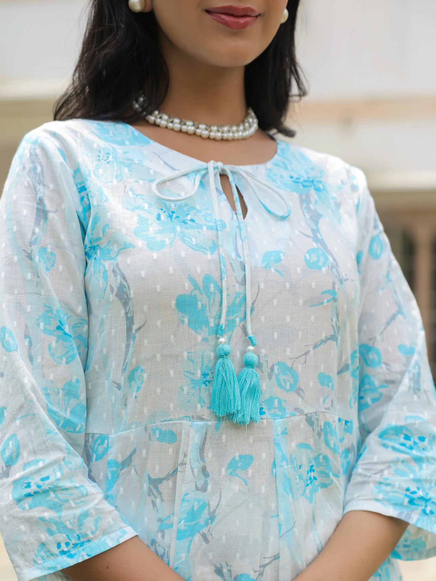 Textured Cotton Floral Flared White Kurta