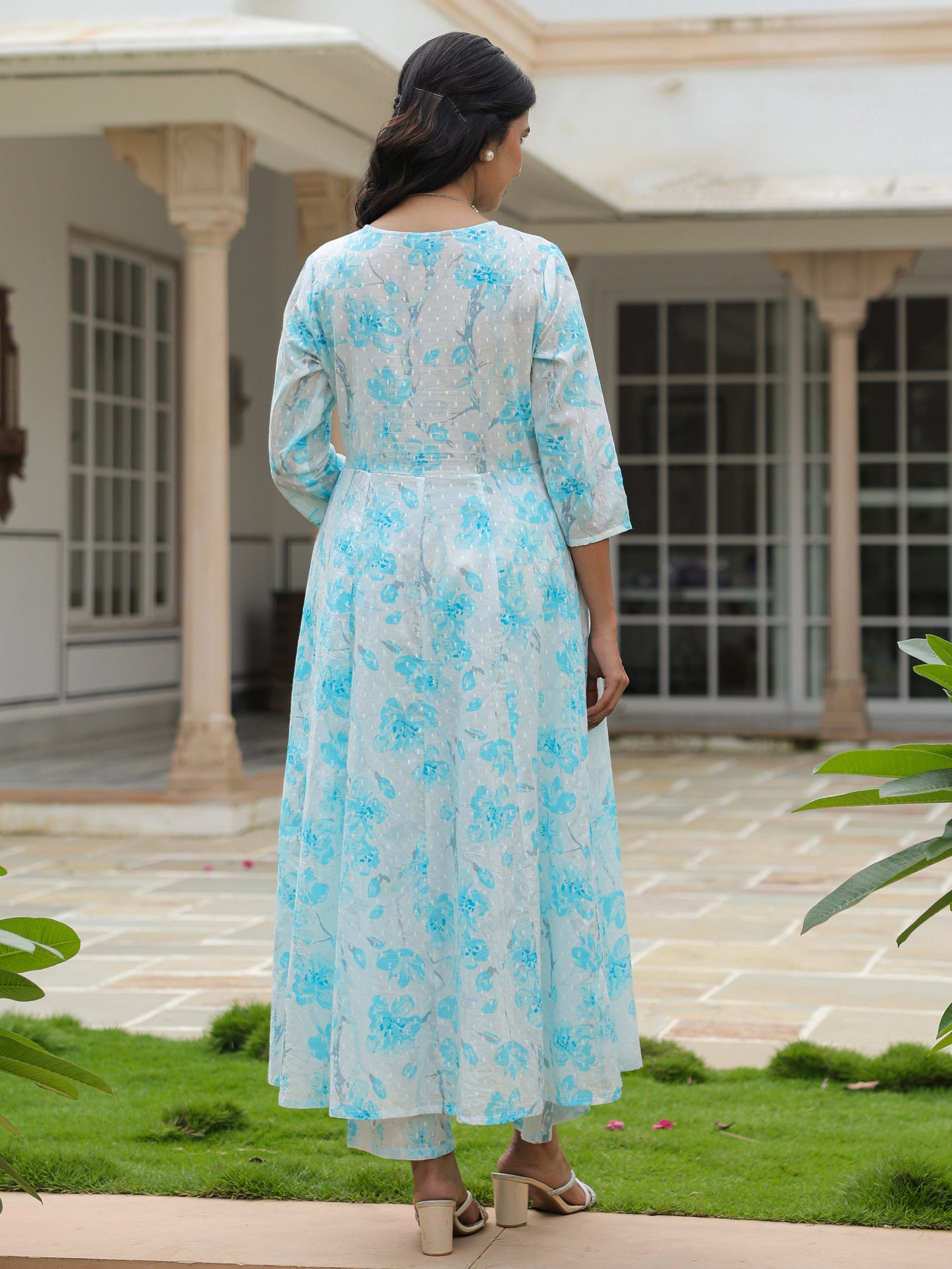 Textured Cotton Floral Flared White Kurta