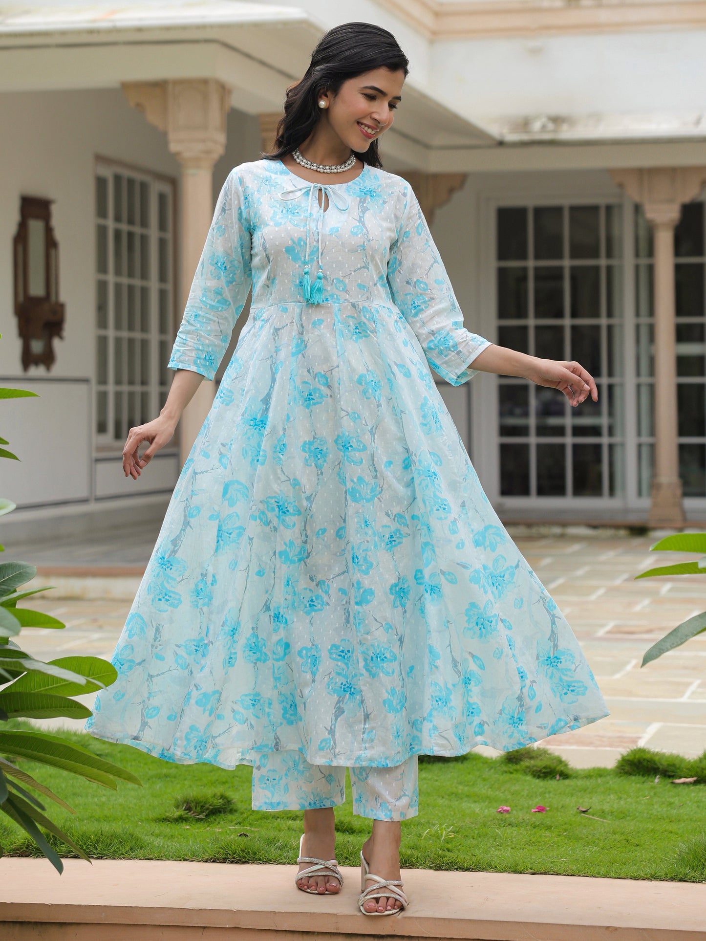 Textured Cotton Floral Flared White Kurta