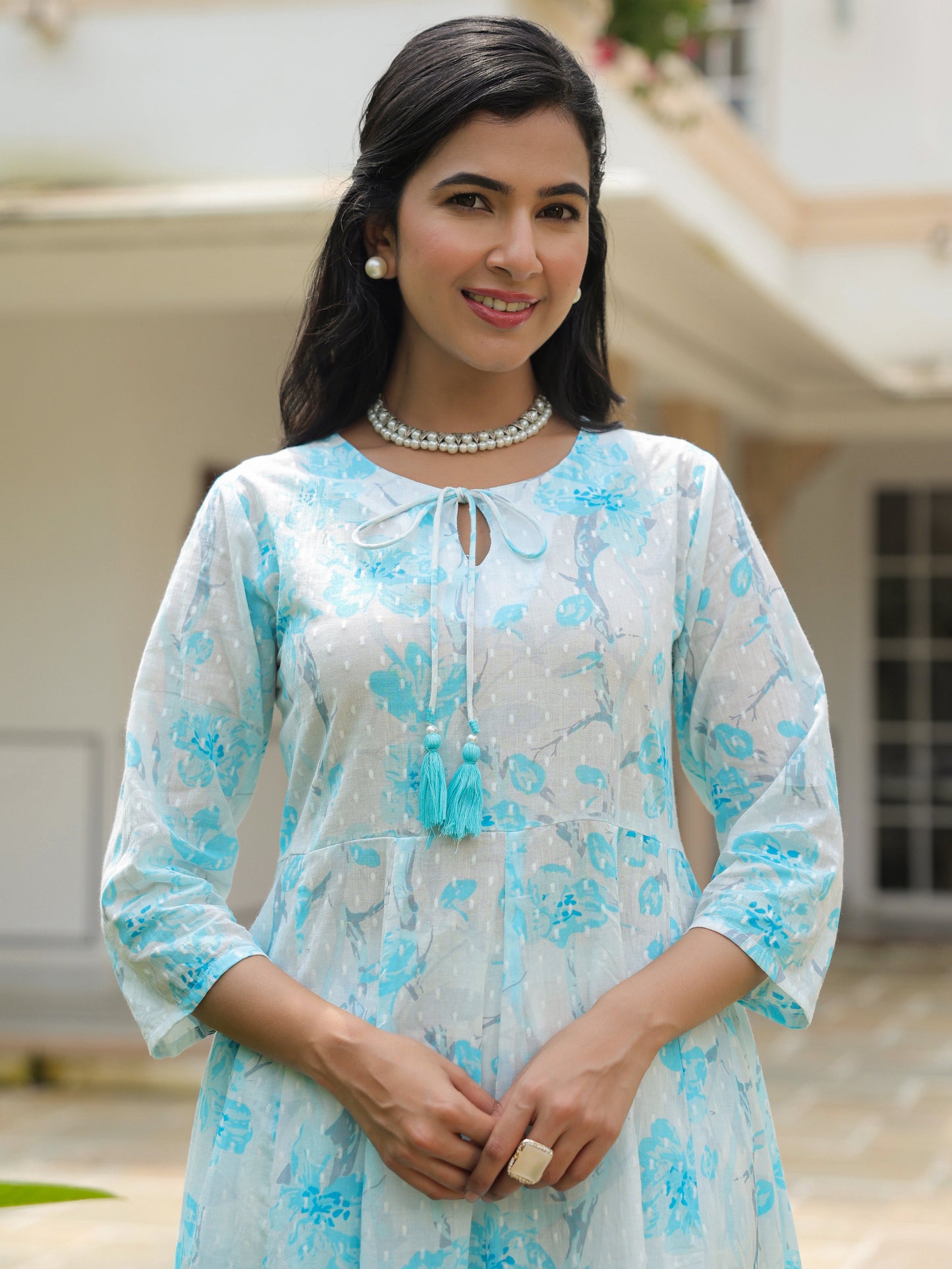 Textured Cotton Floral Flared White Kurta
