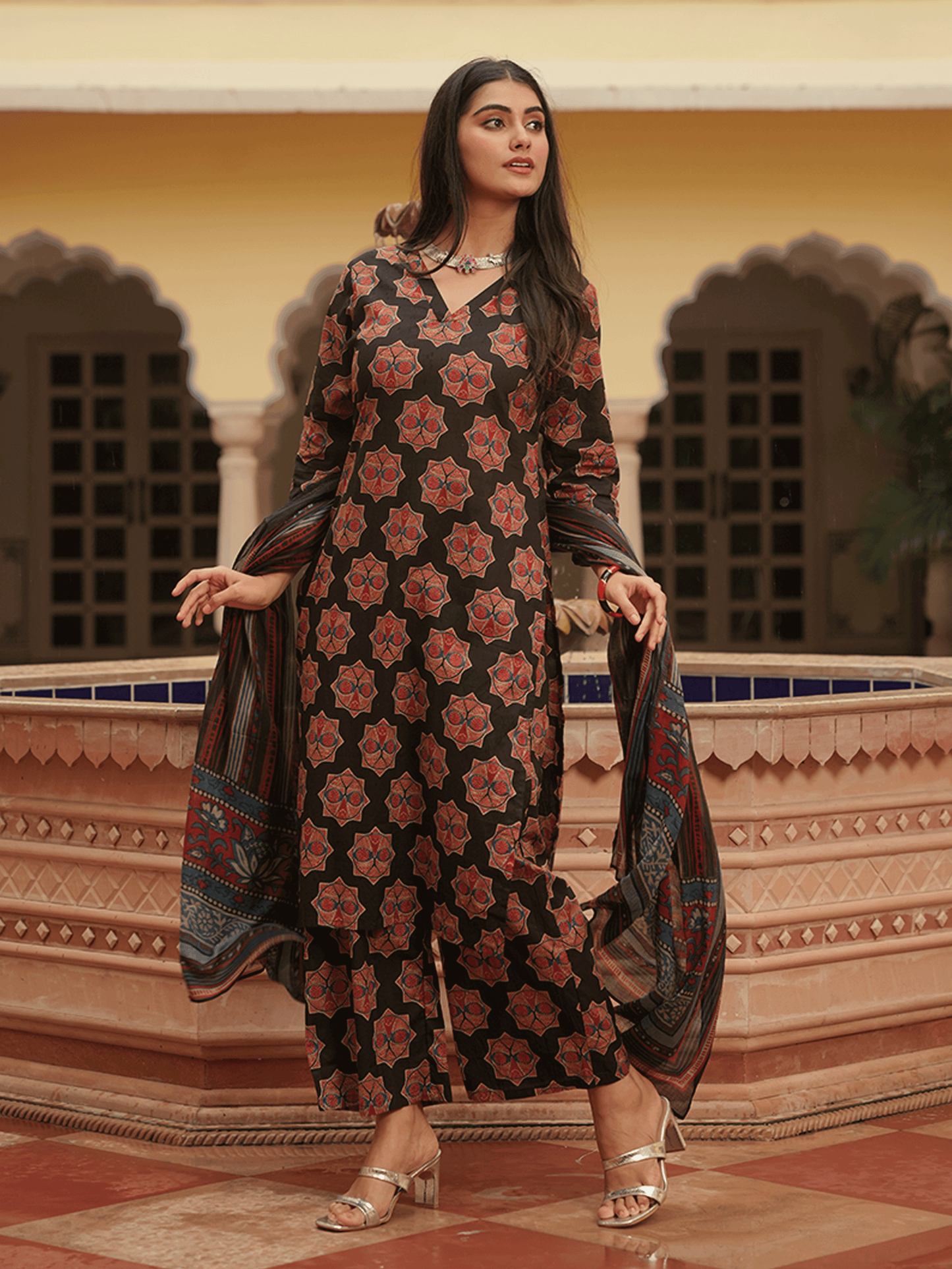 Soft Cotton Ajrakh A-Line Black Kurta