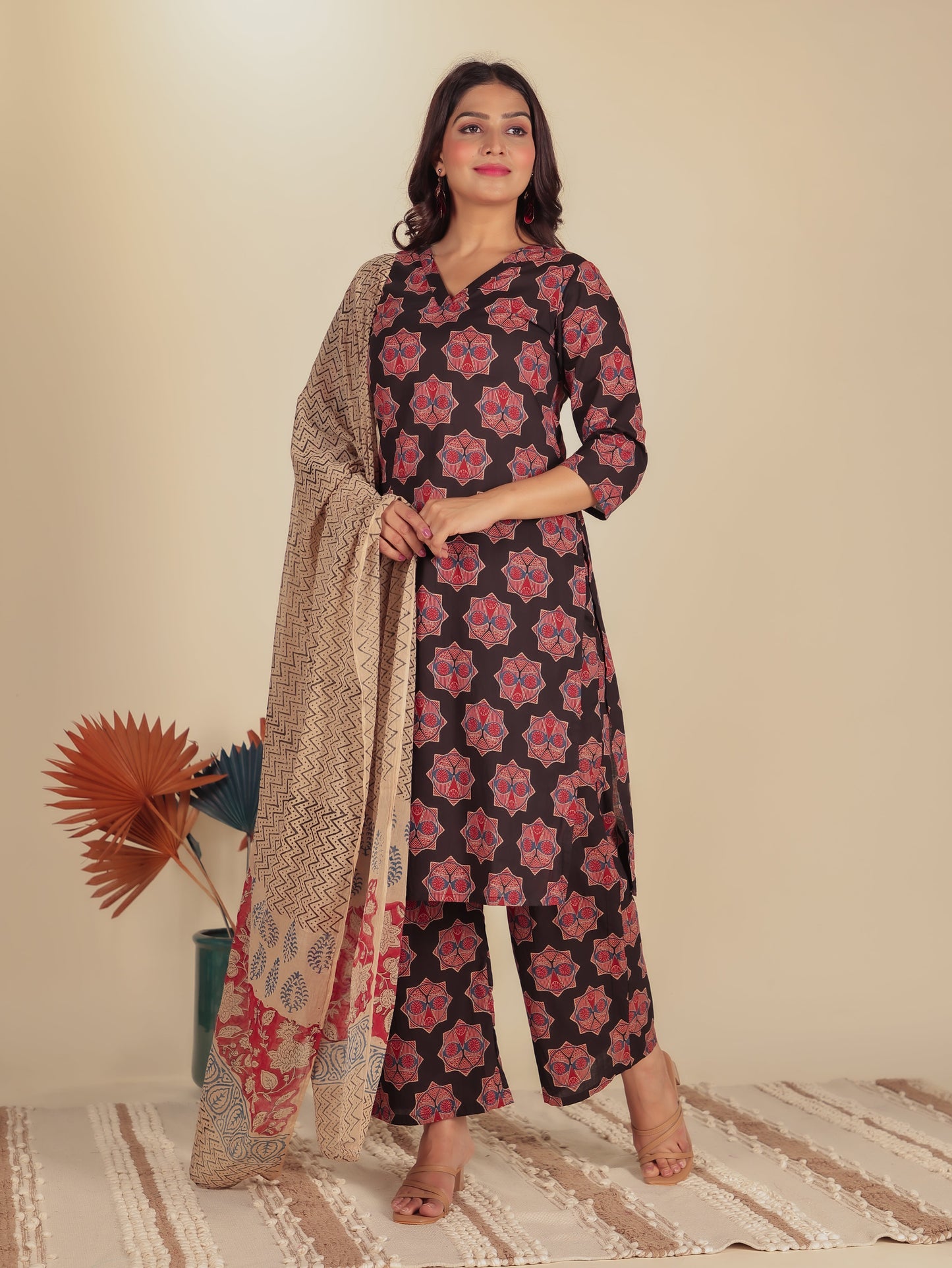 Soft Cotton Ajrakh A-Line Black Kurta