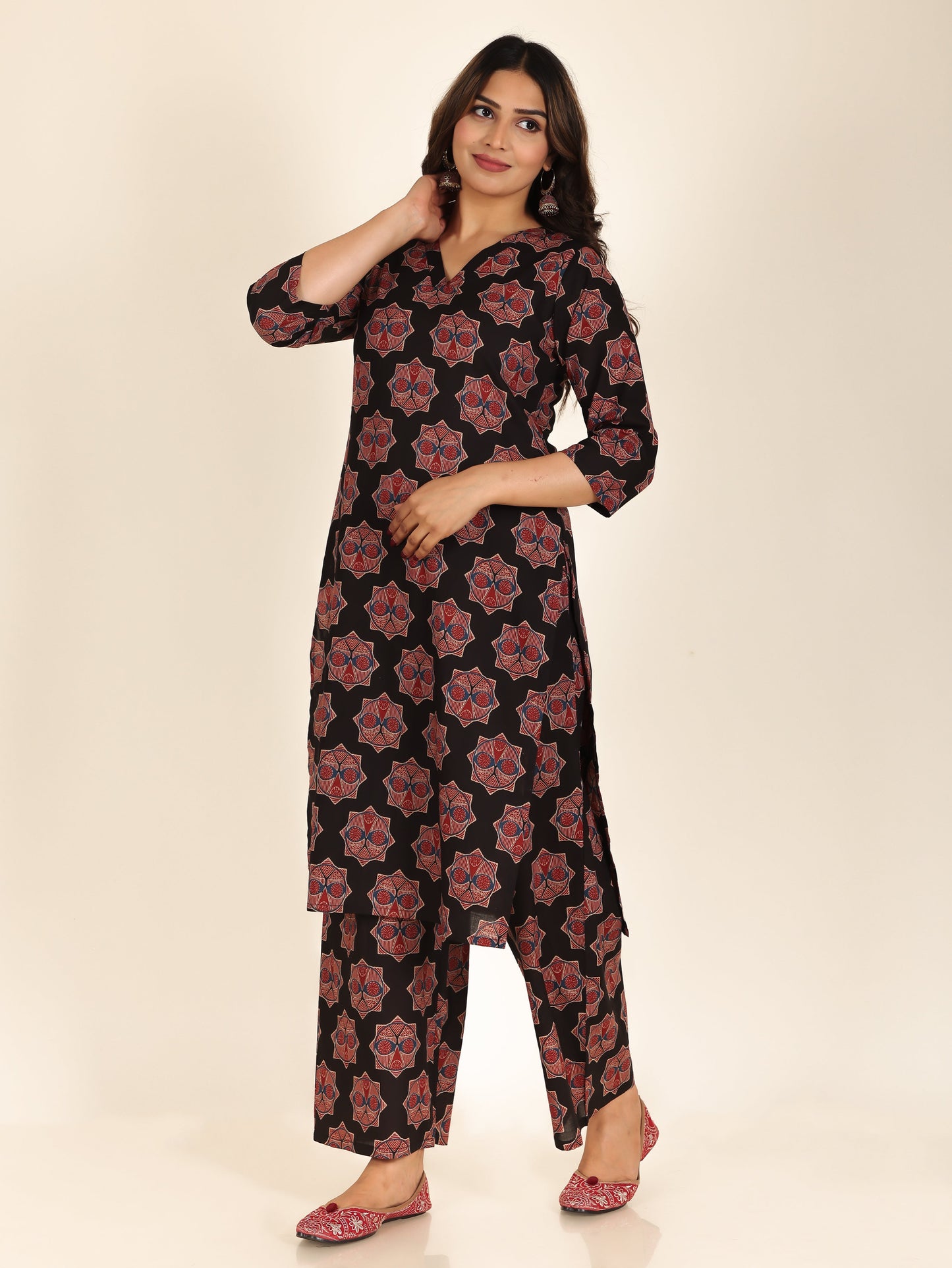 Soft Cotton Ajrakh A-Line Black Kurta