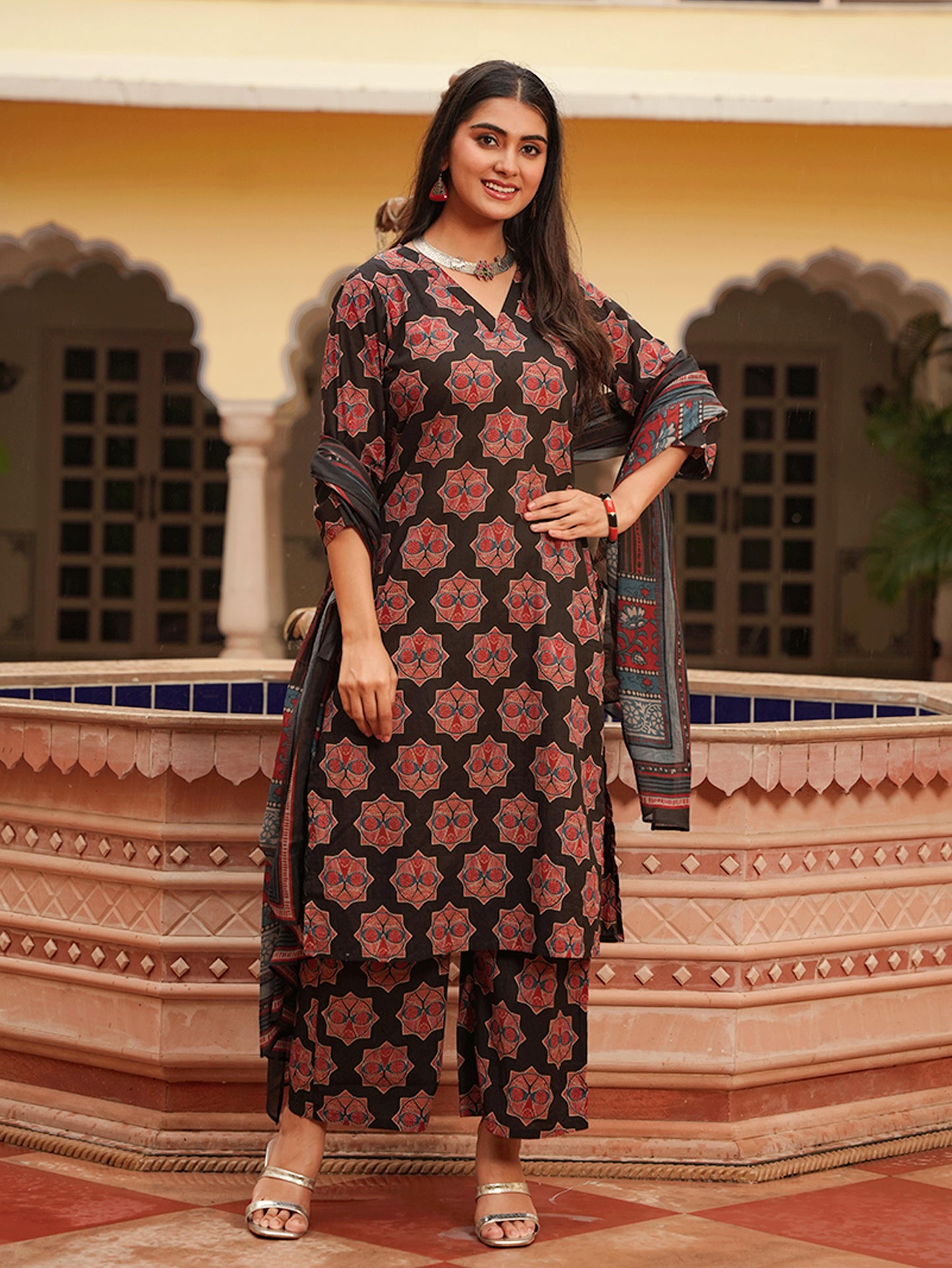 Soft Cotton Ajrakh A-Line Black Kurta