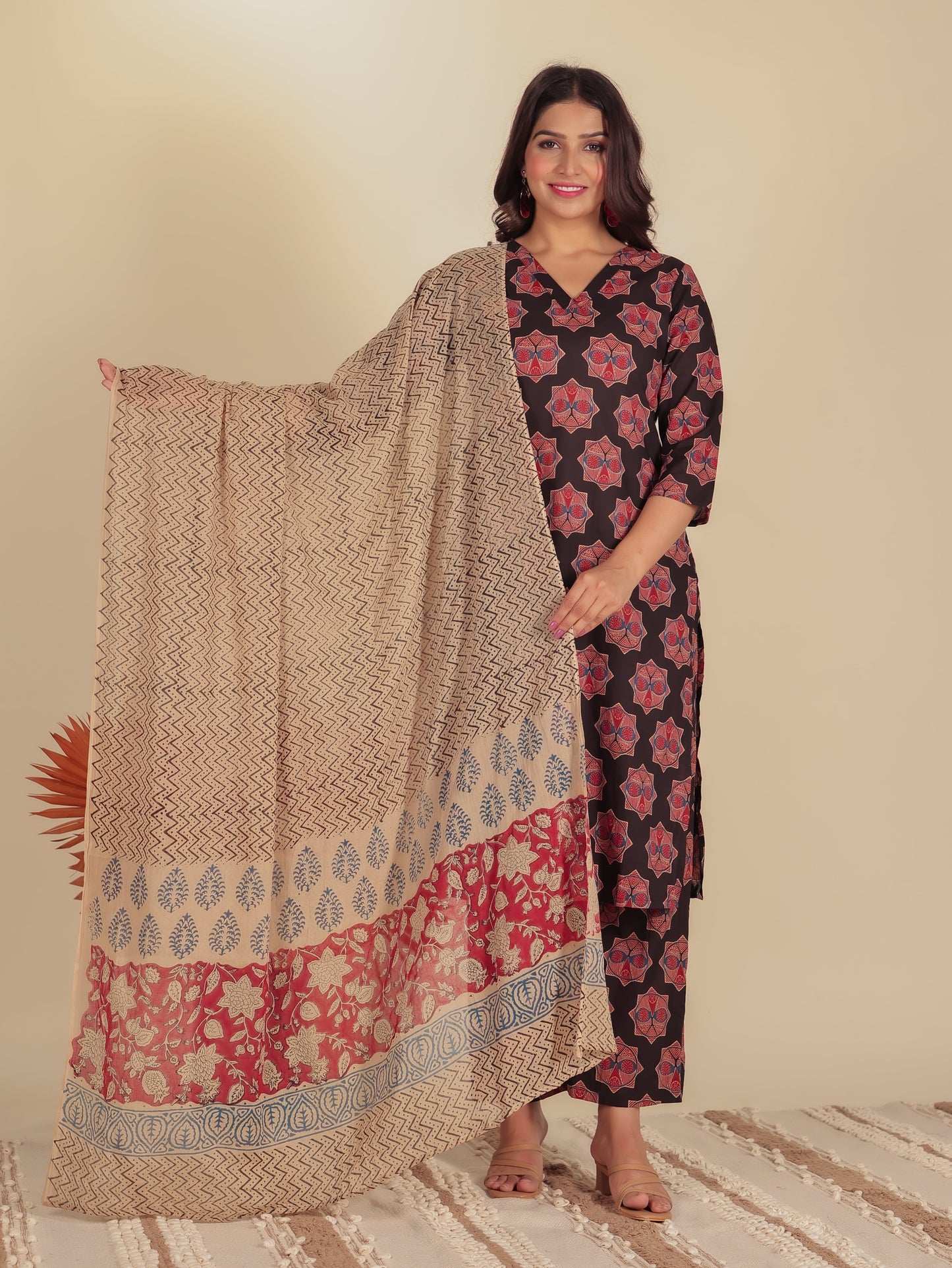 Soft Cotton Ajrakh A-Line Black Kurta