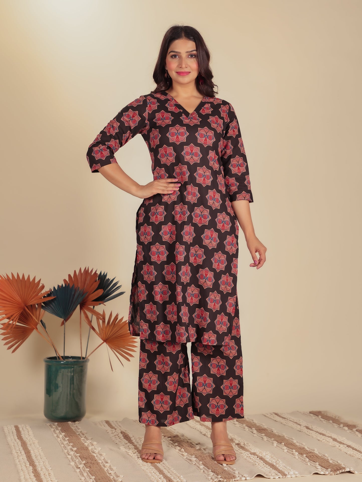 Soft Cotton Ajrakh A-Line Black Kurta