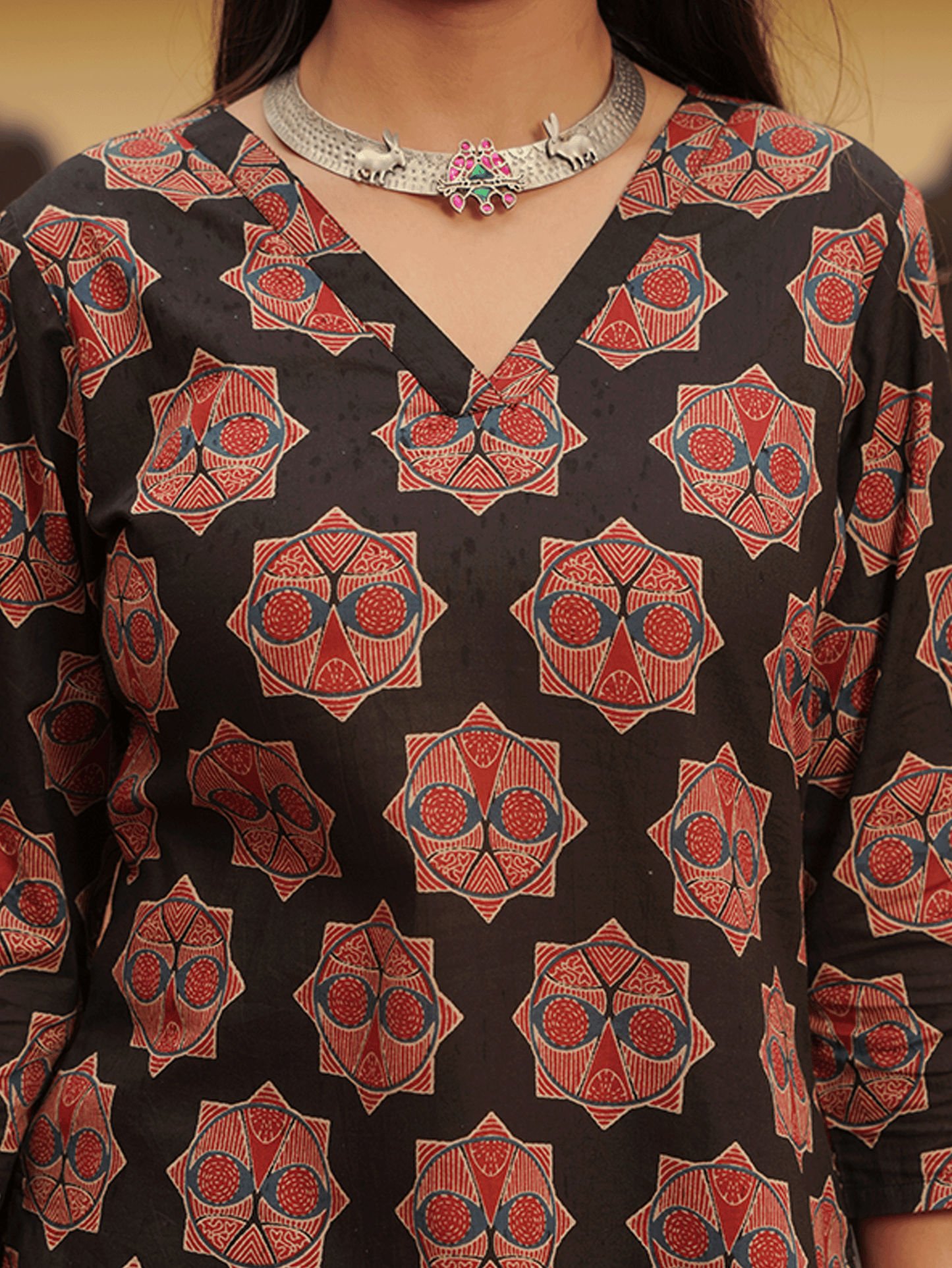 Soft Cotton Ajrakh A-Line Black Kurta