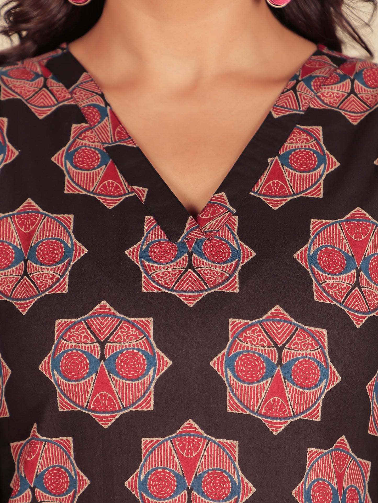 Soft Cotton Ajrakh A-Line Black Kurta