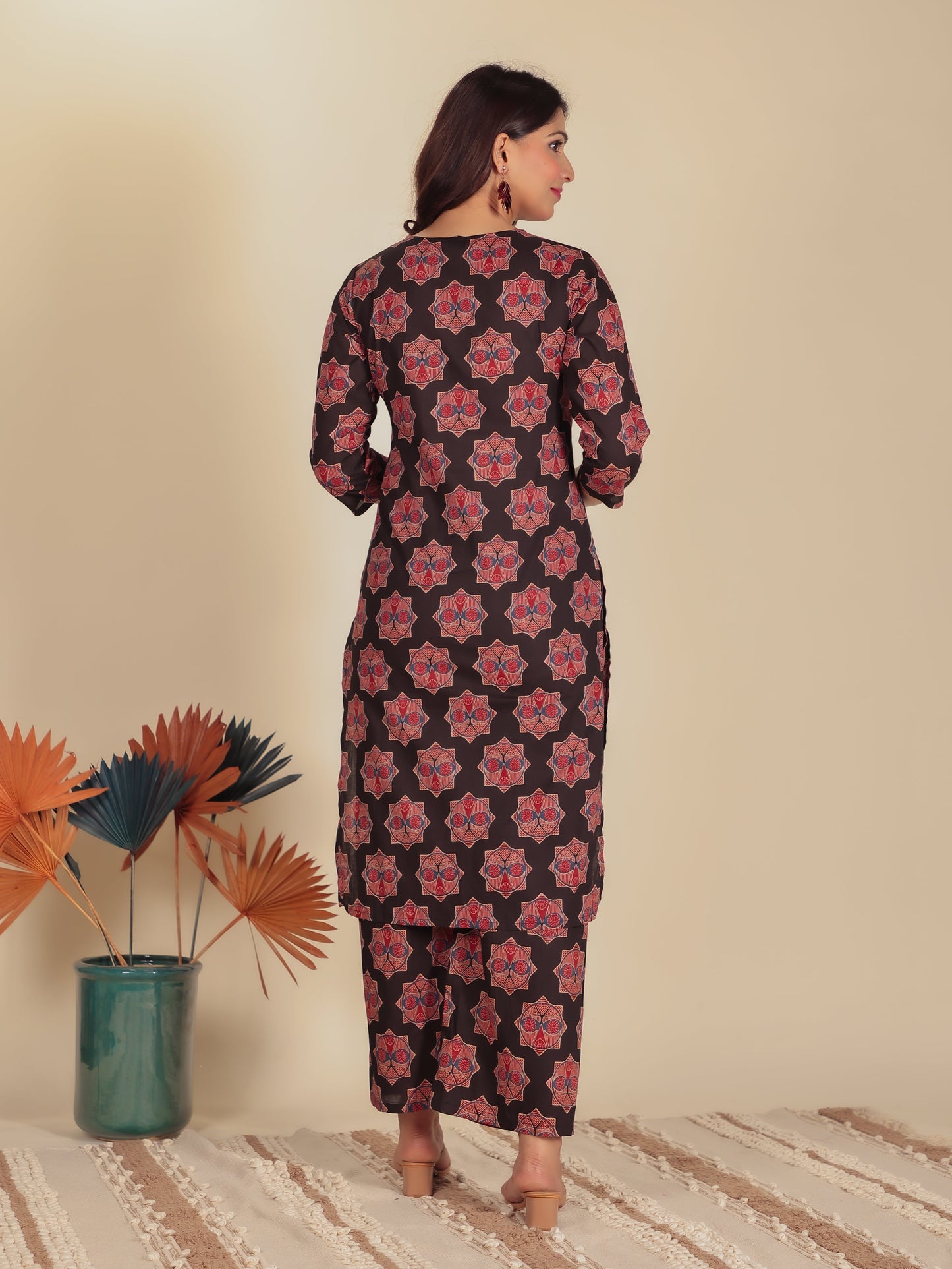 Soft Cotton Ajrakh A-Line Black Kurta