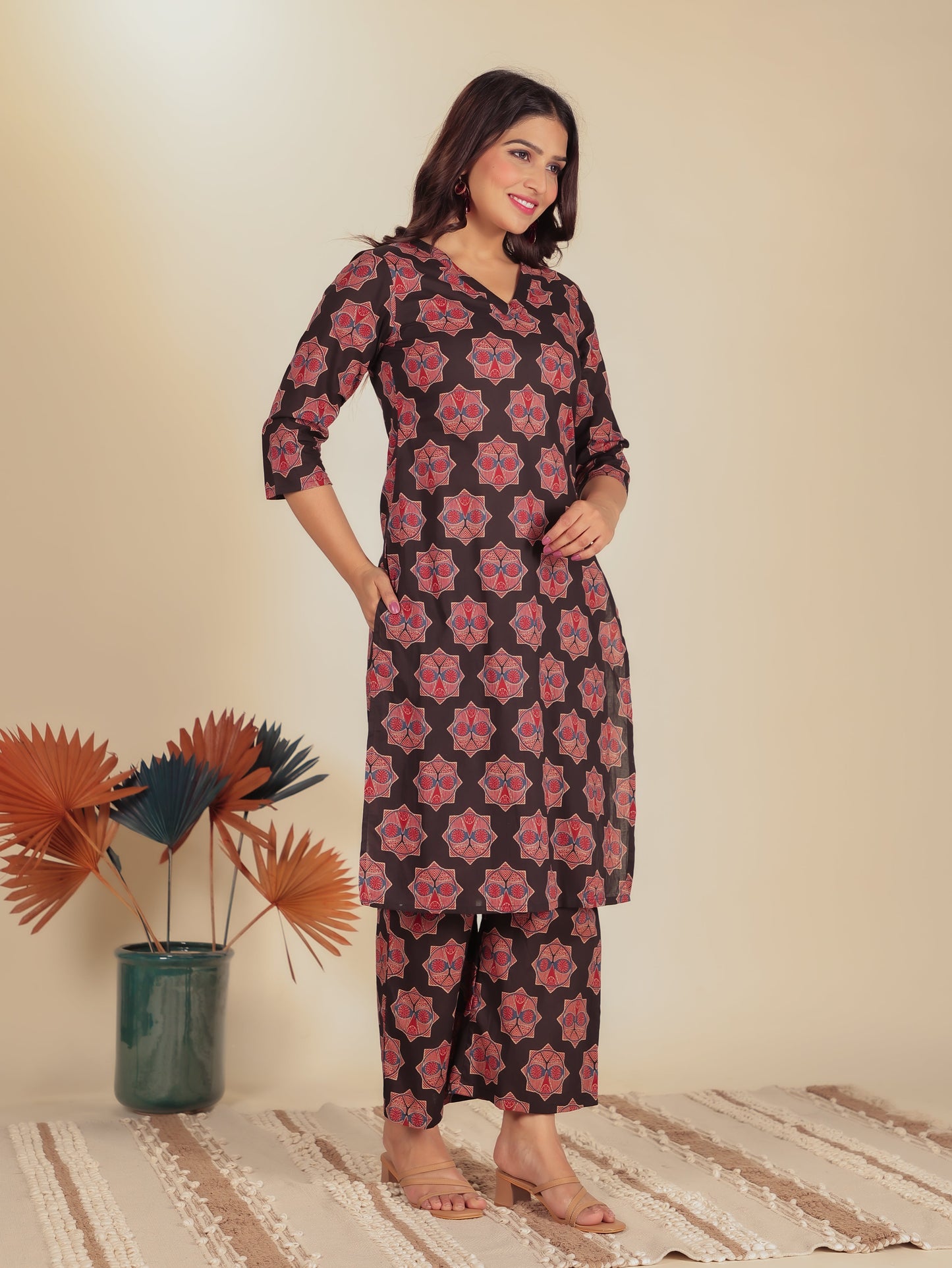Soft Cotton Ajrakh A-Line Black Kurta