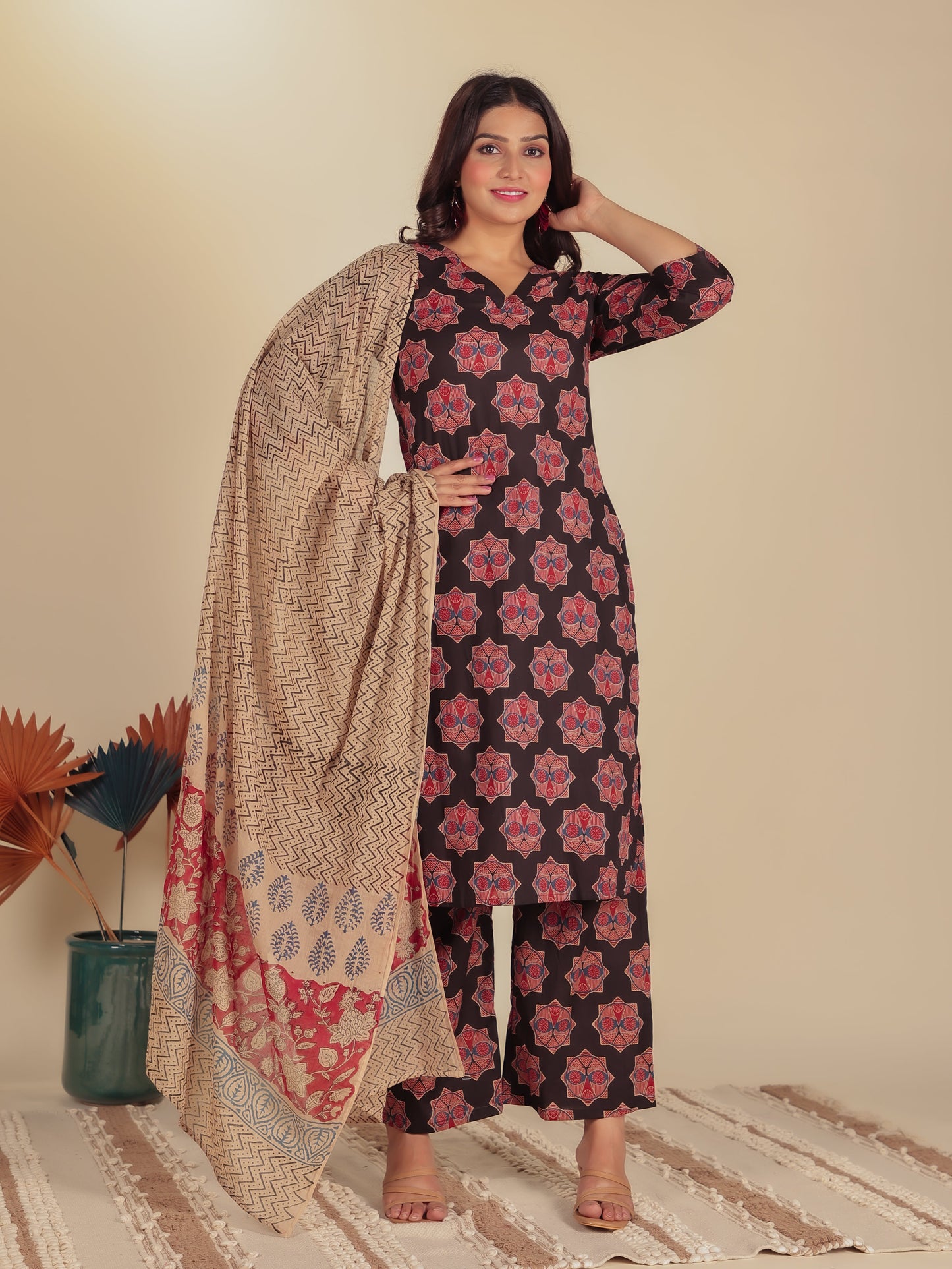 Soft Cotton Ajrakh A-Line Black Kurta