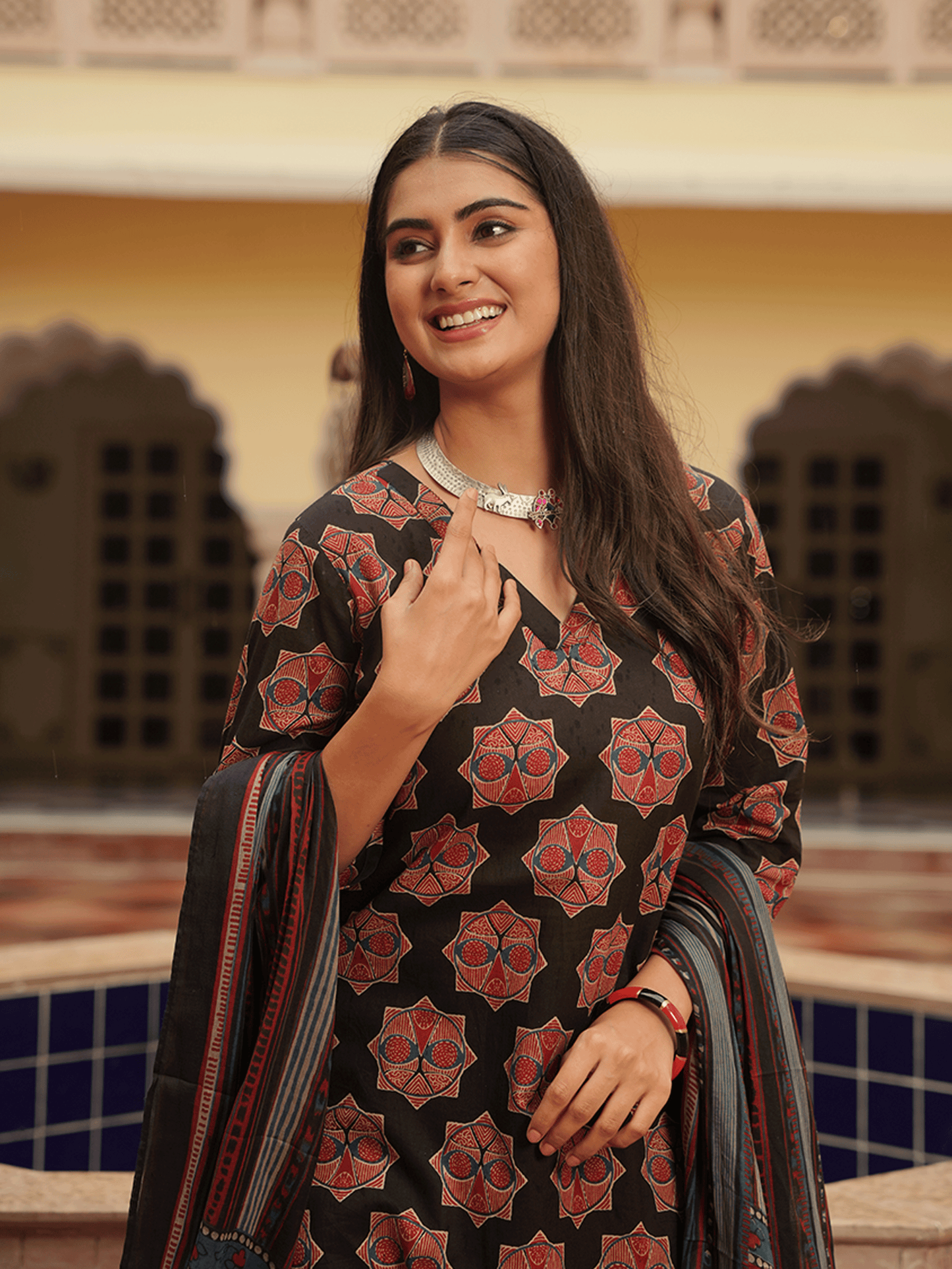 Soft Cotton Ajrakh A-Line Black Kurta