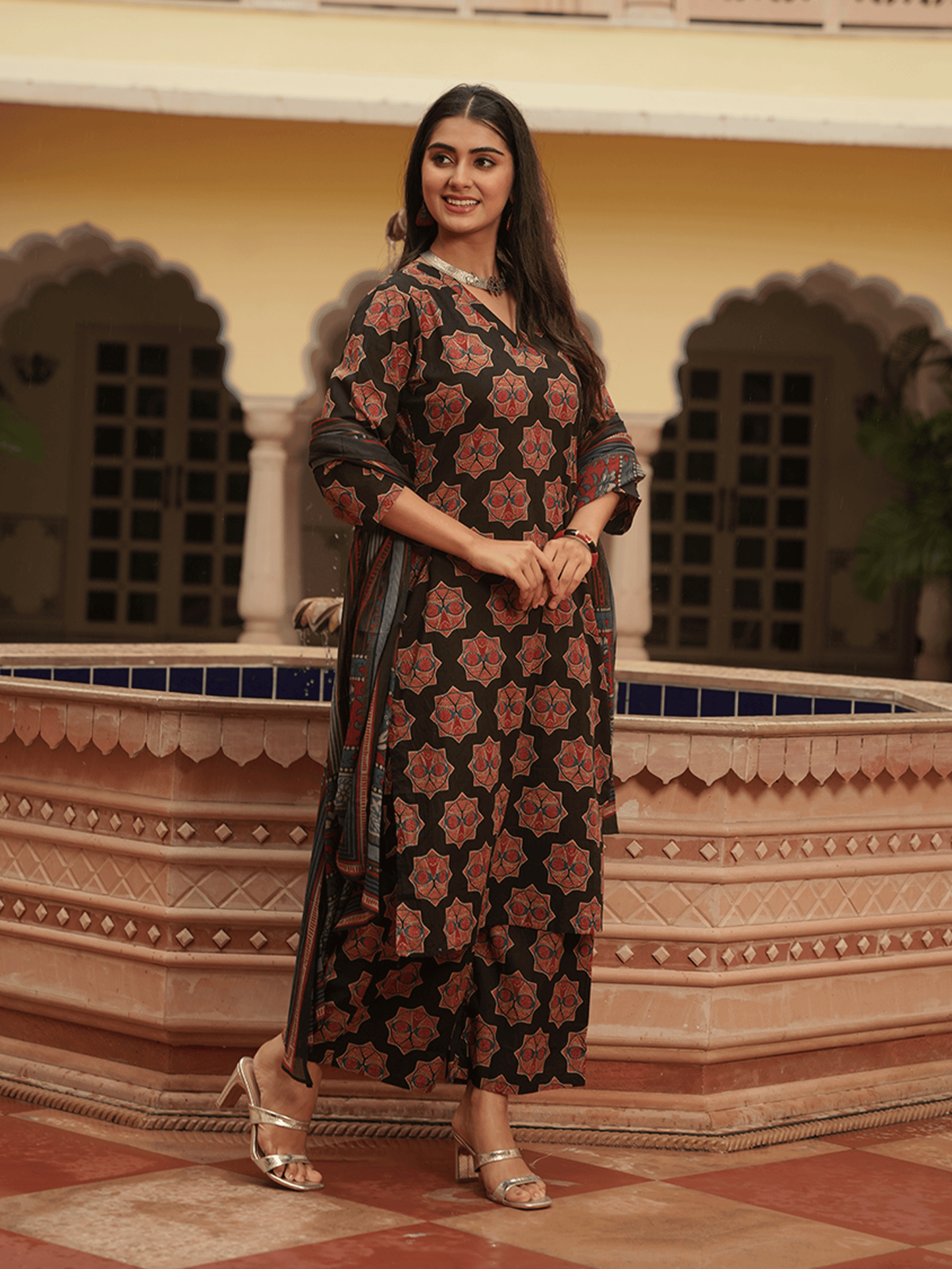 Soft Cotton Ajrakh A-Line Black Kurta