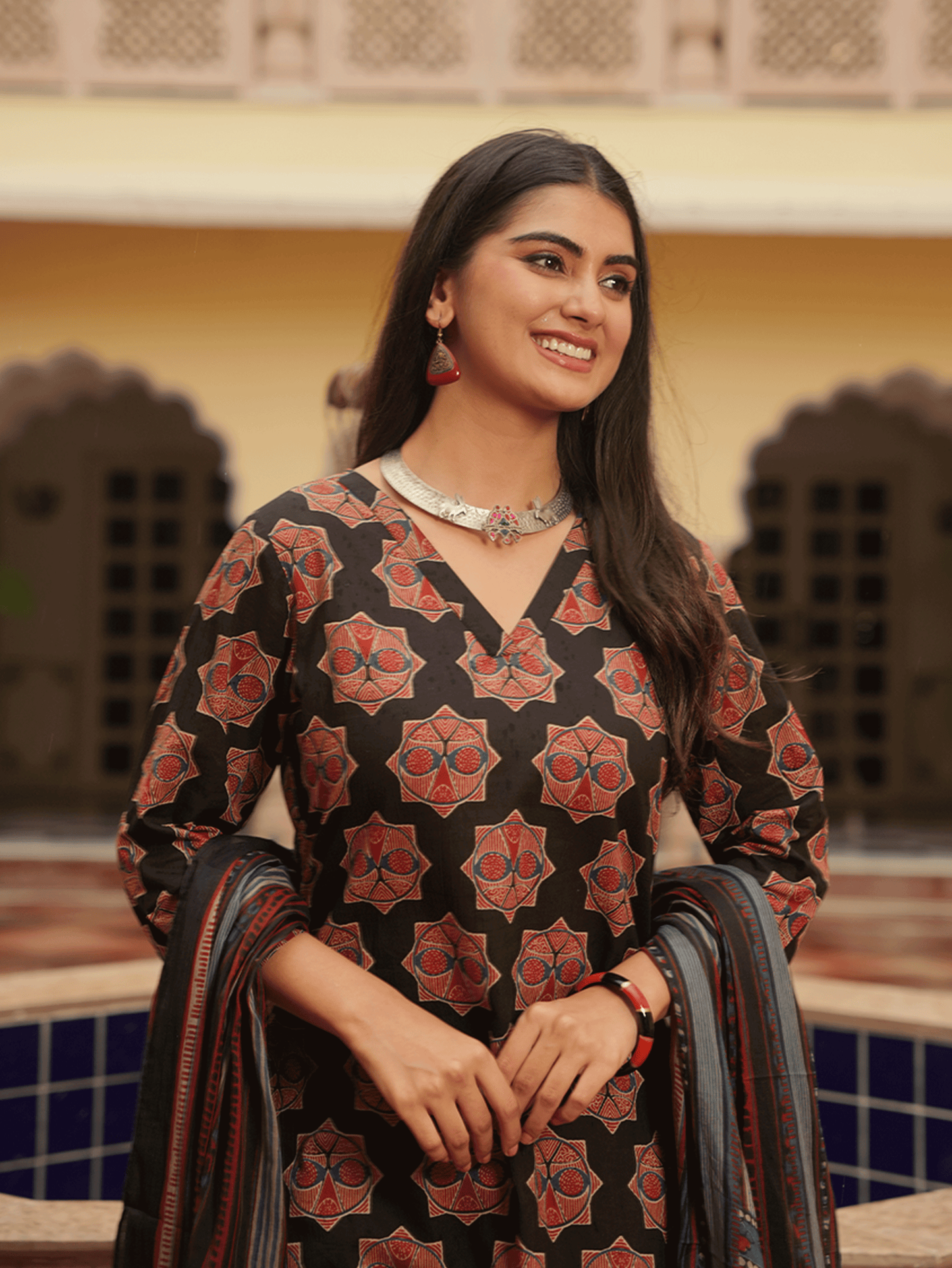 Soft Cotton Ajrakh A-Line Black Kurta