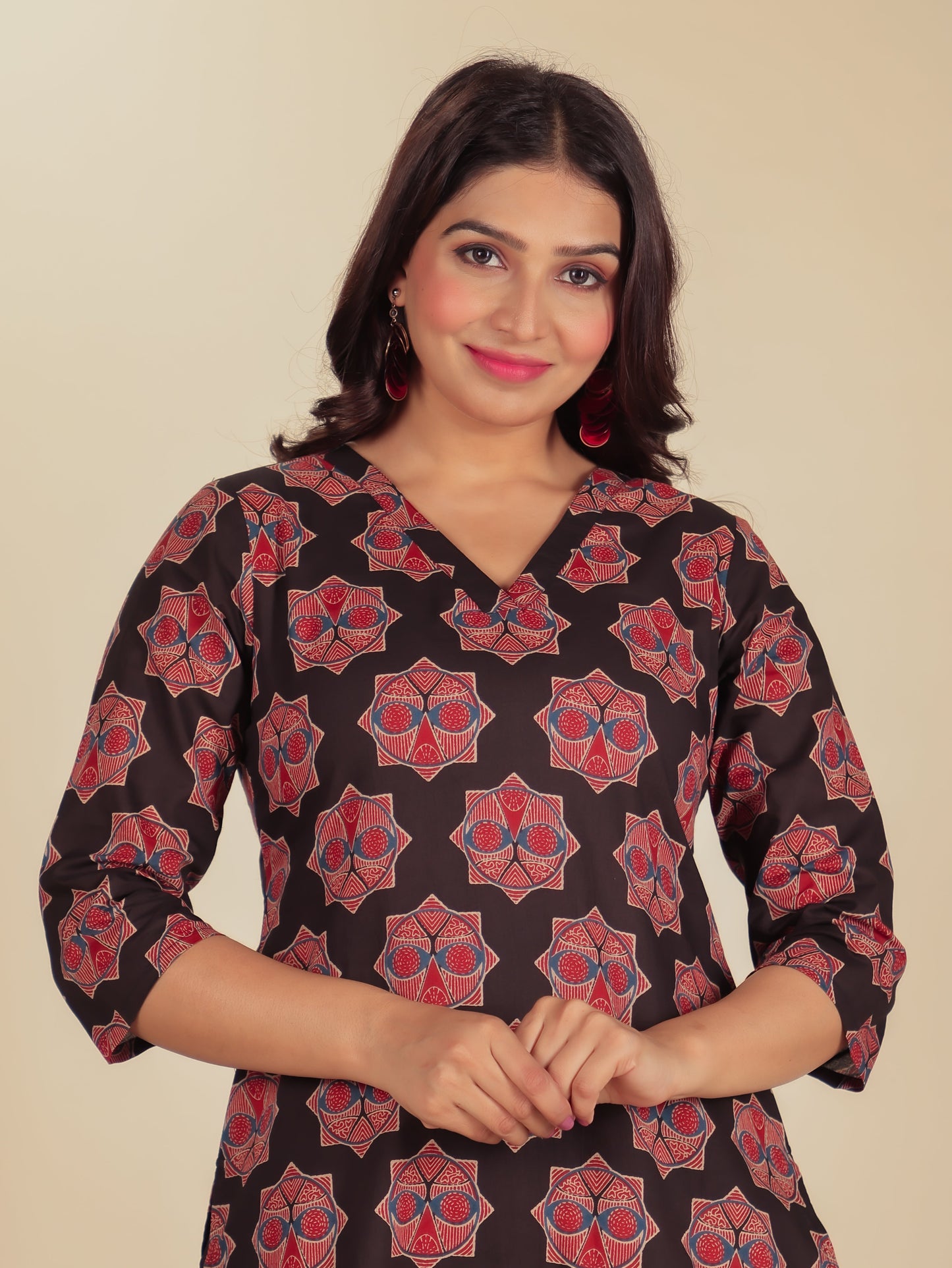 Soft Cotton Ajrakh A-Line Black Kurta