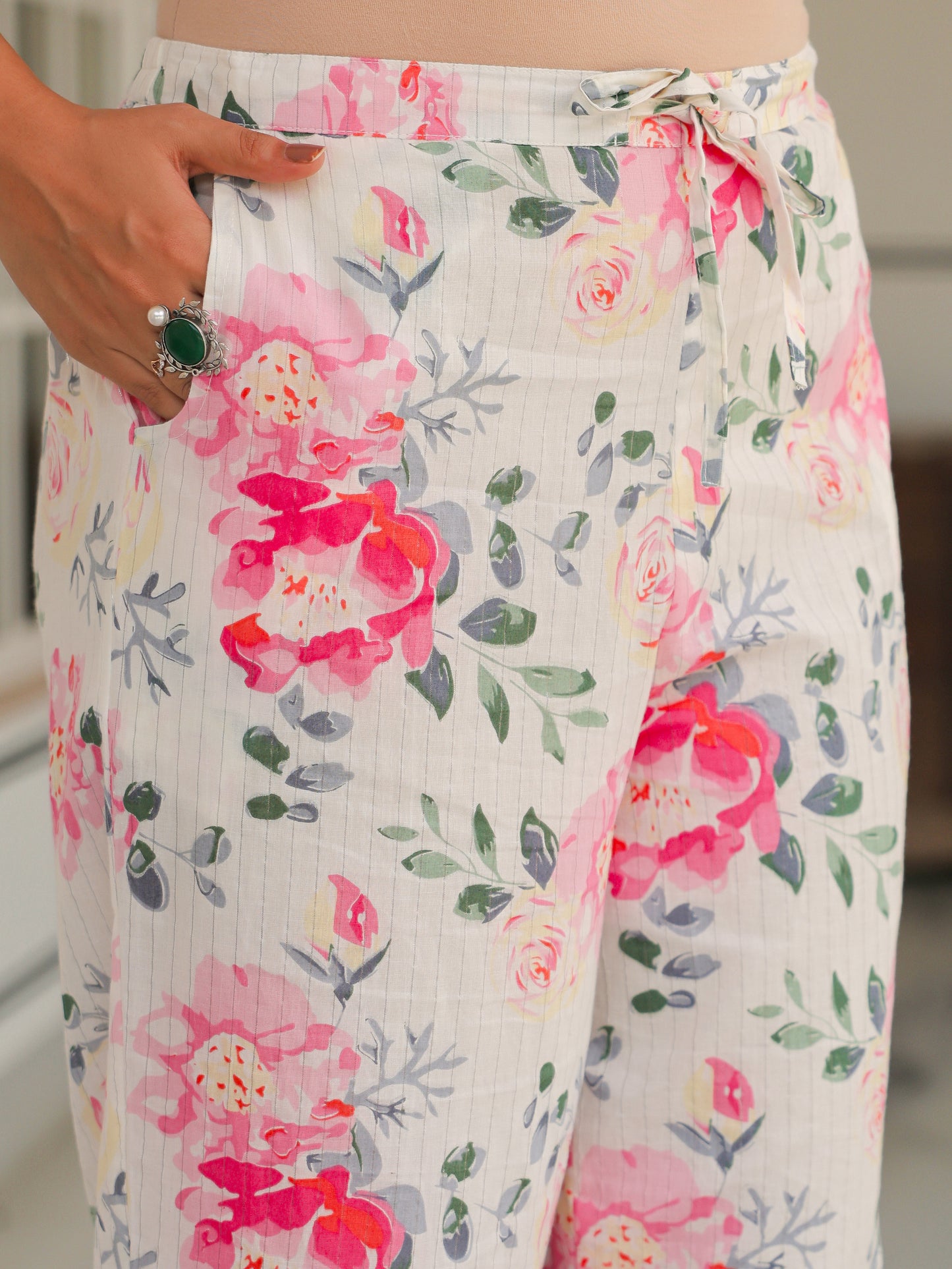 Lurex Cotton Floral White Straight Trousers