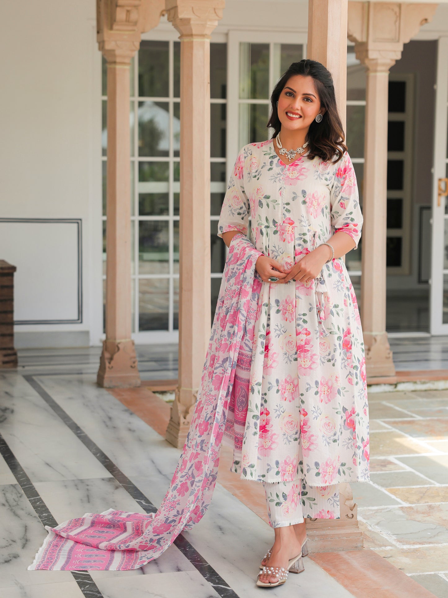 Lurex Cotton Floral A-line White Kurta