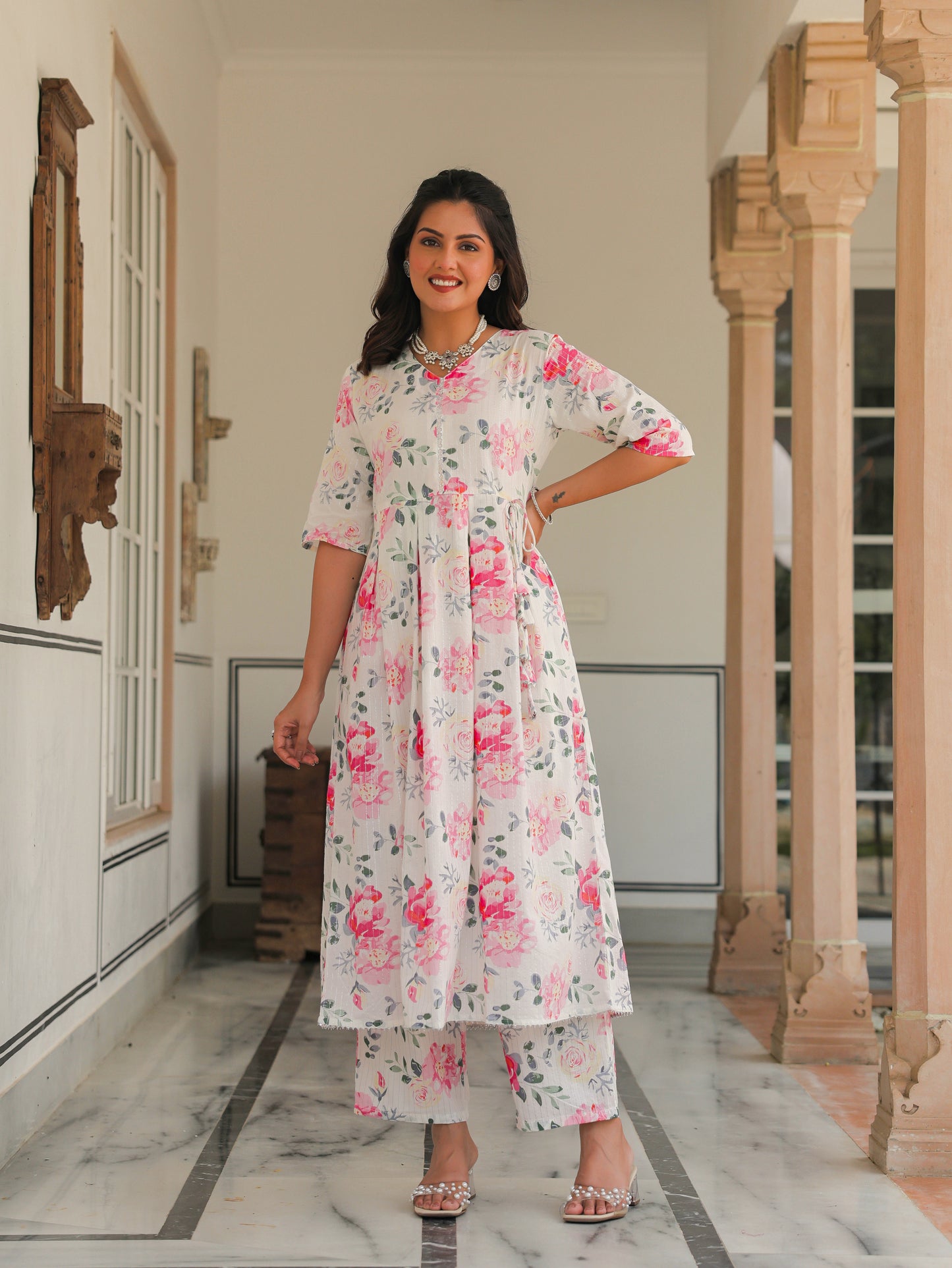 Lurex Cotton Floral A-line White Kurta