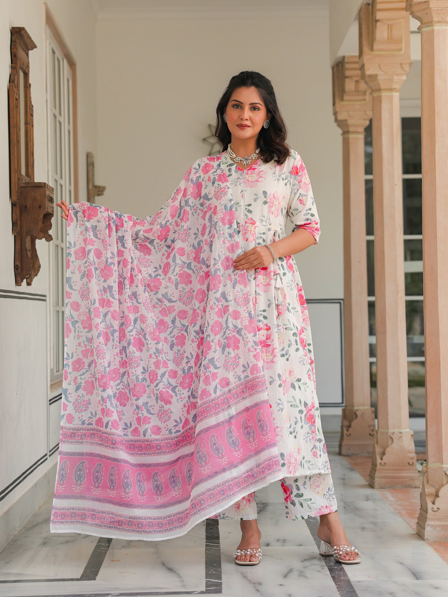 Lurex Cotton Floral A-line White Kurta