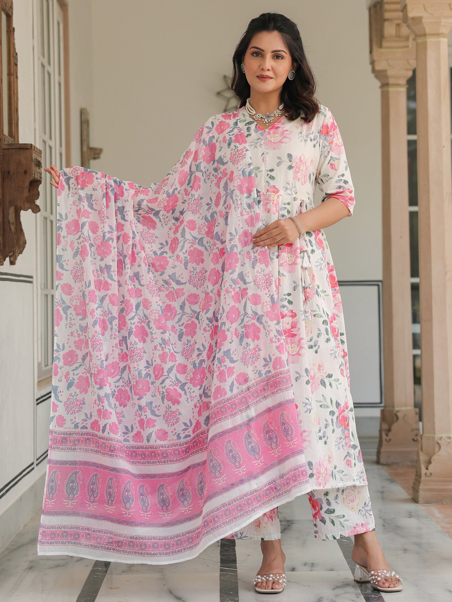 Lurex Cotton Floral Kurta