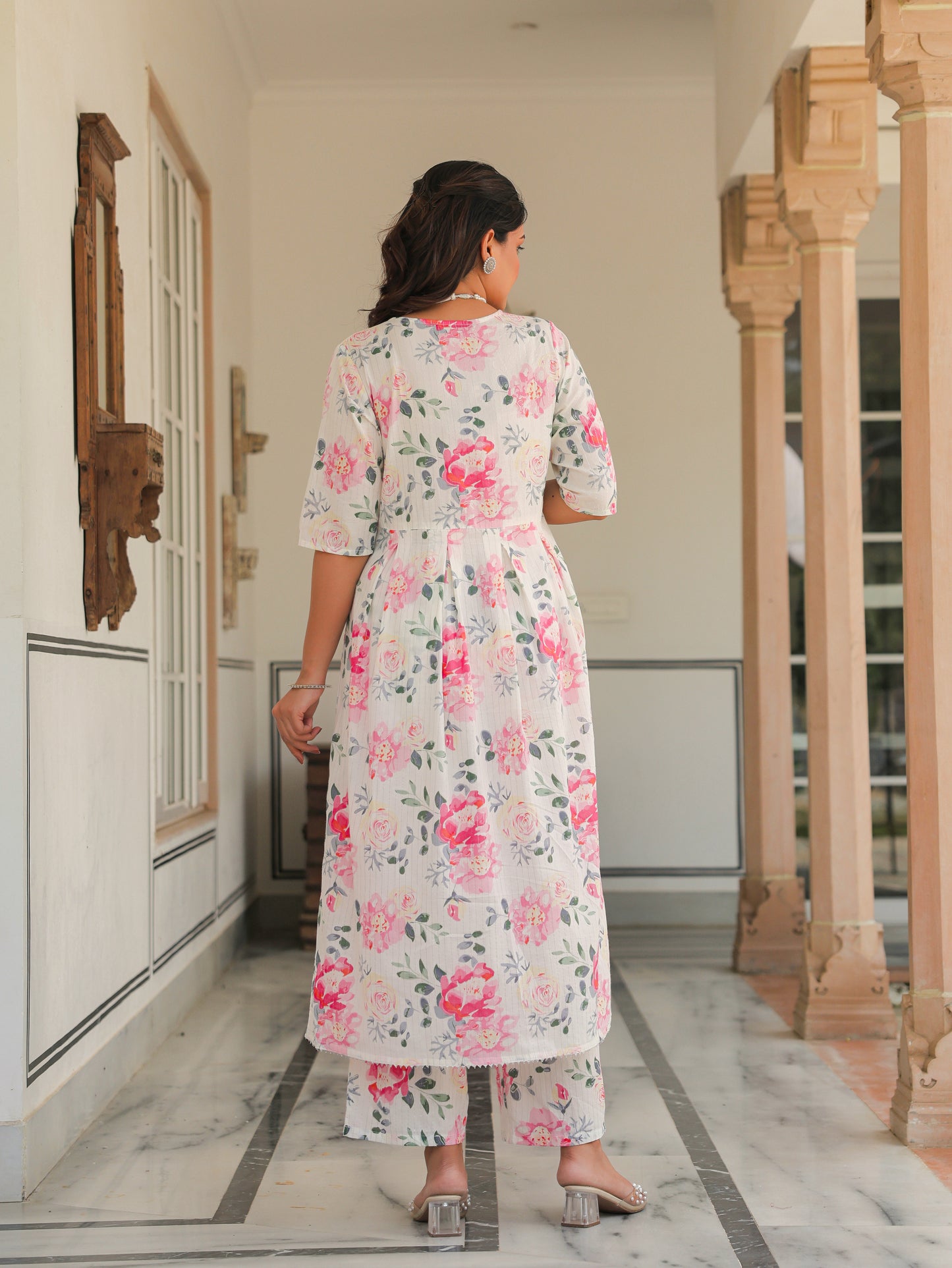 Lurex Cotton Floral A-line White Kurta