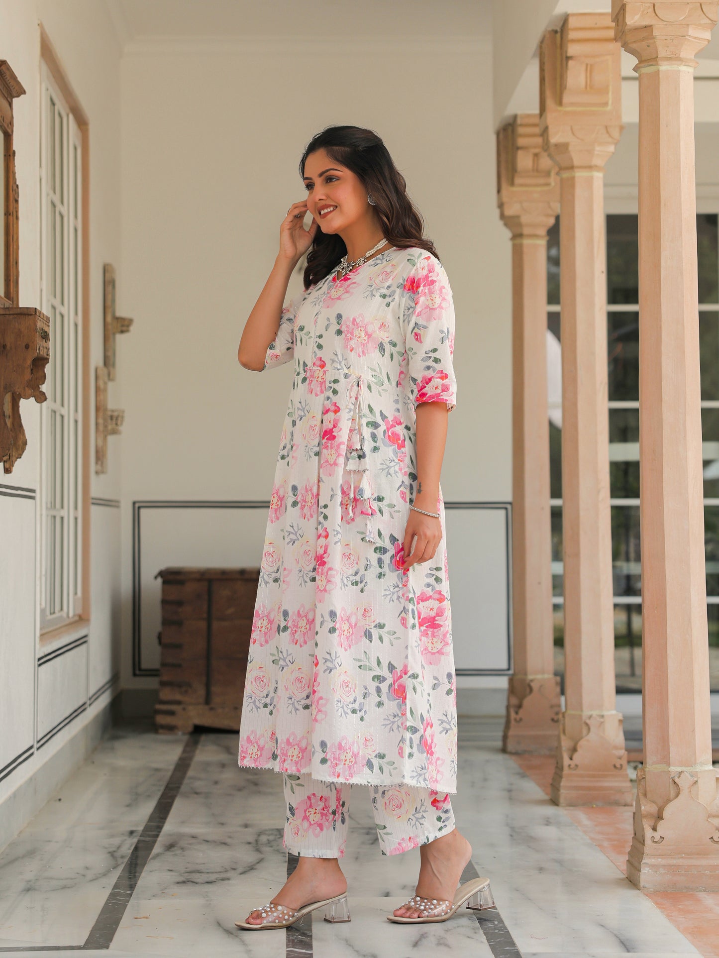 Lurex Cotton Floral A-line White Kurta