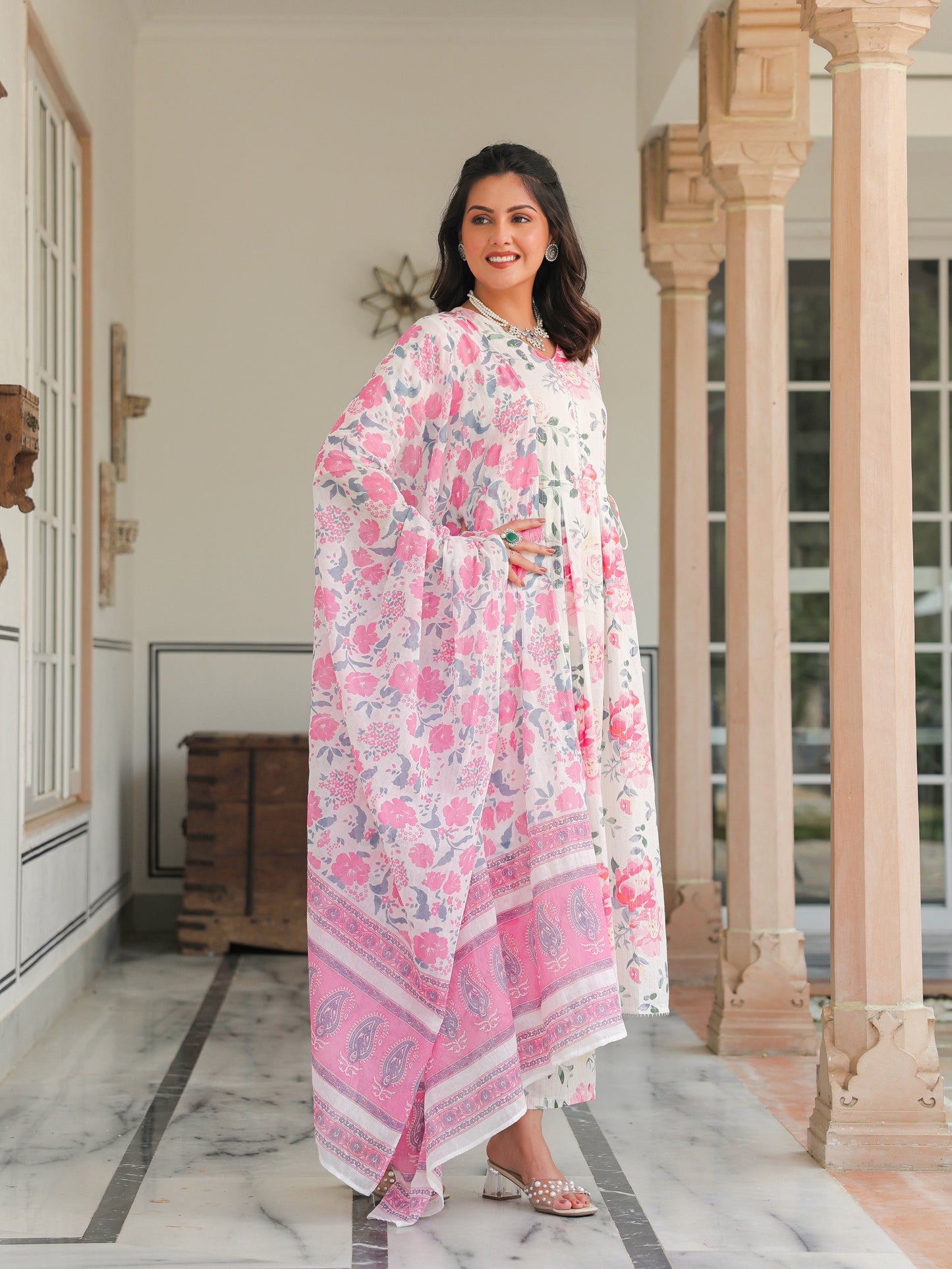 Lurex Cotton Floral A-line White Kurta