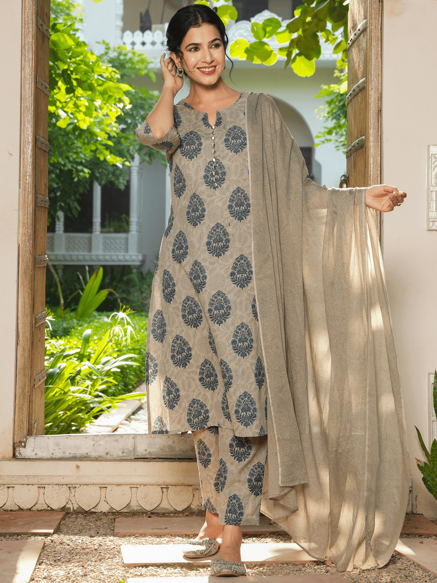 Linen Cotton Block Print A-line Grey Kurta