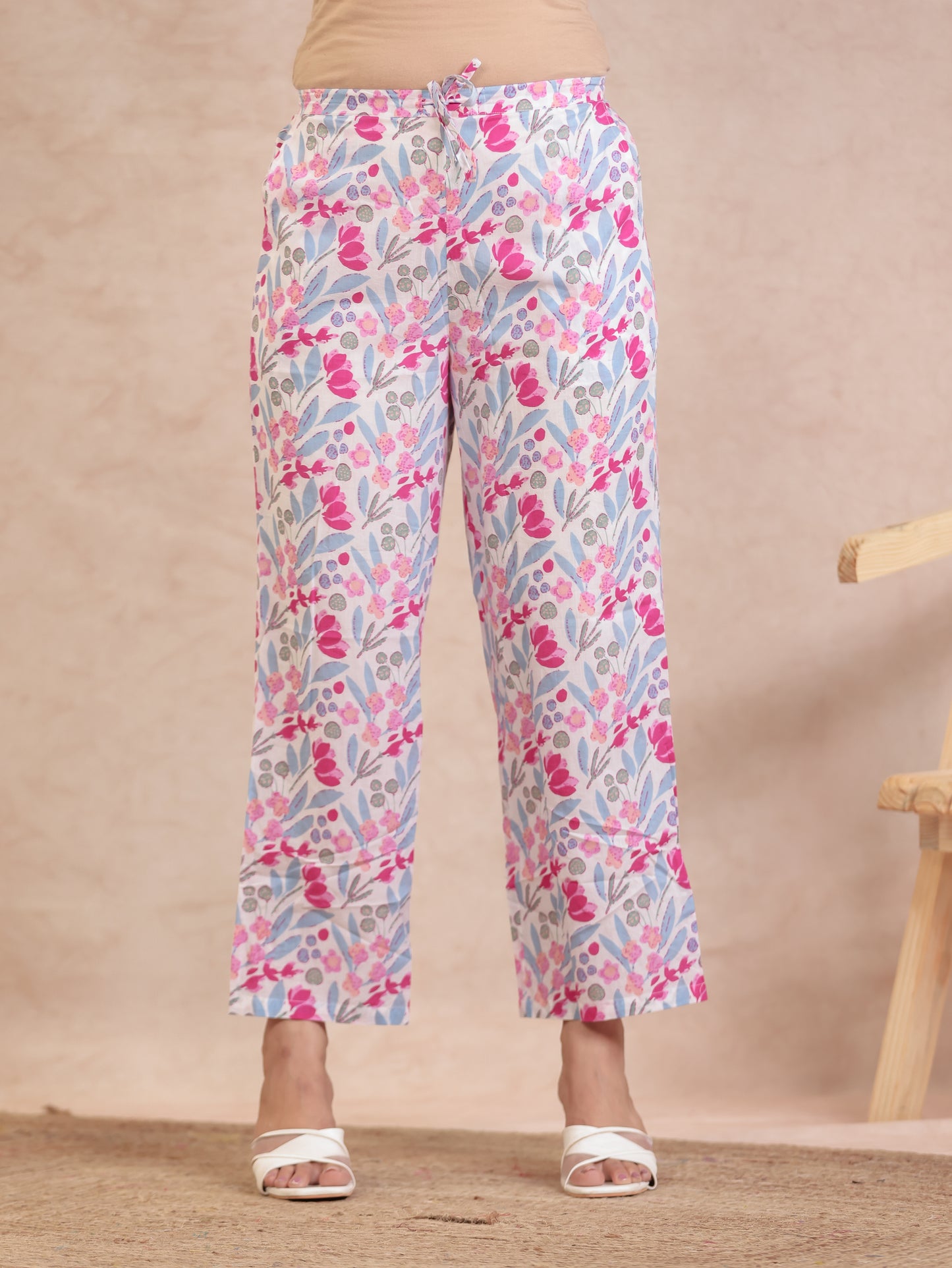 Soft Cotton Floral Pink Straight Trousers