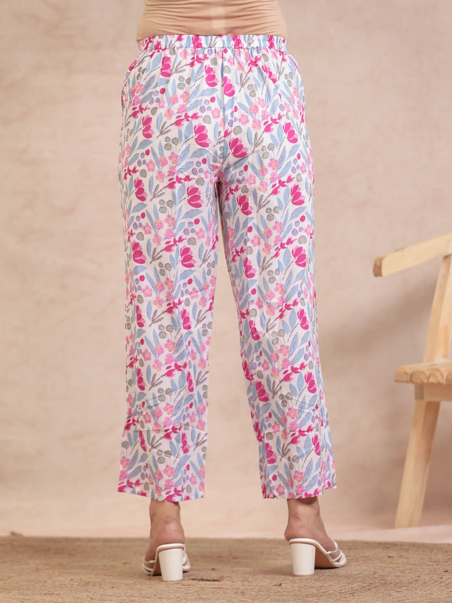 Soft Cotton Floral Pink Straight Trousers