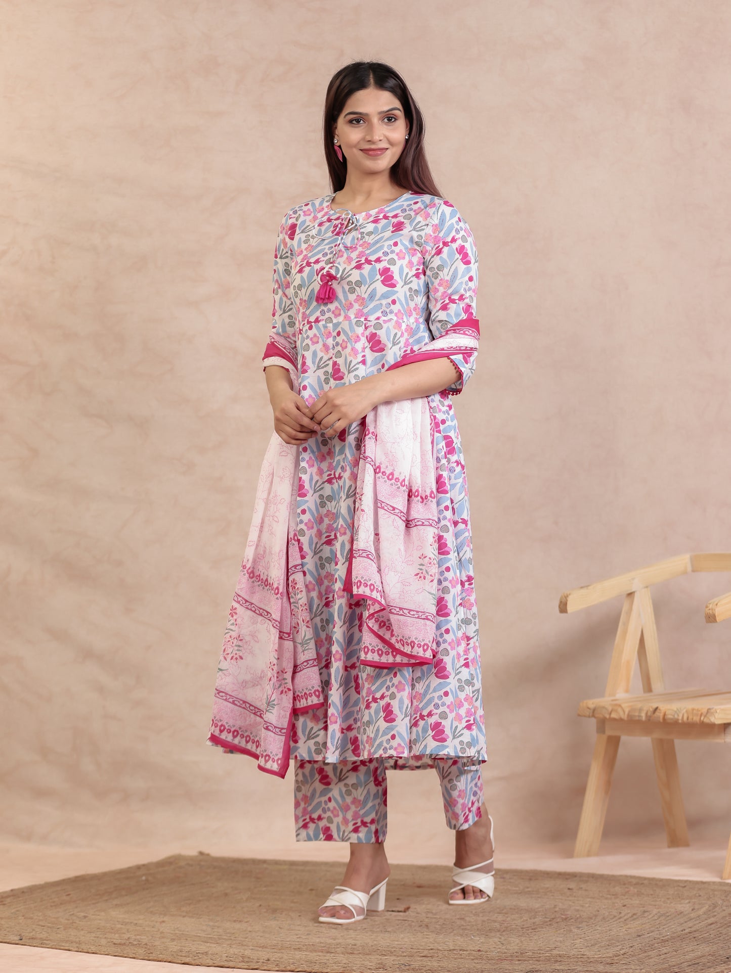 Soft Cotton Floral Anarkali Pink Kurta