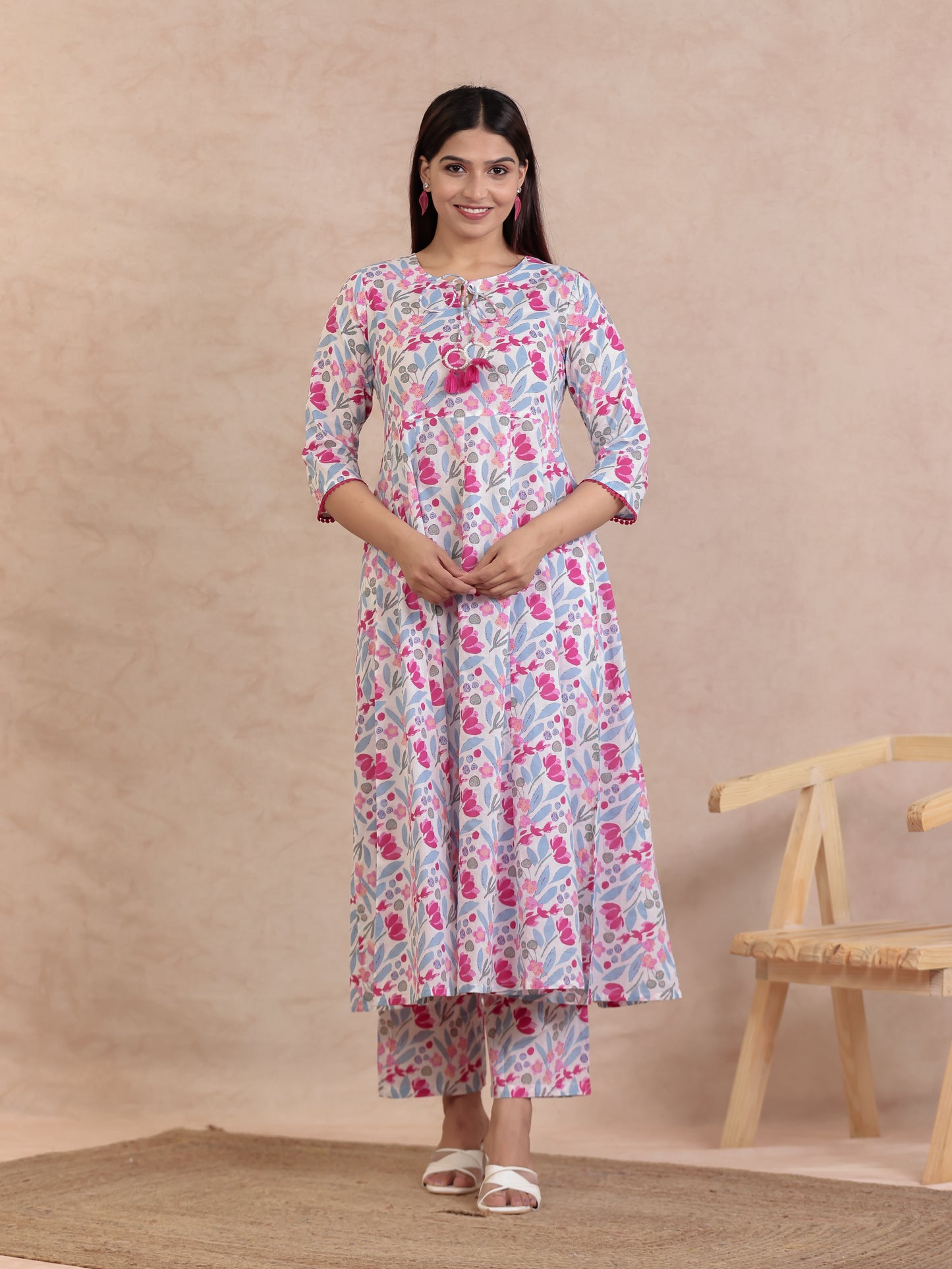 Soft Cotton Floral Anarkali Pink Kurta