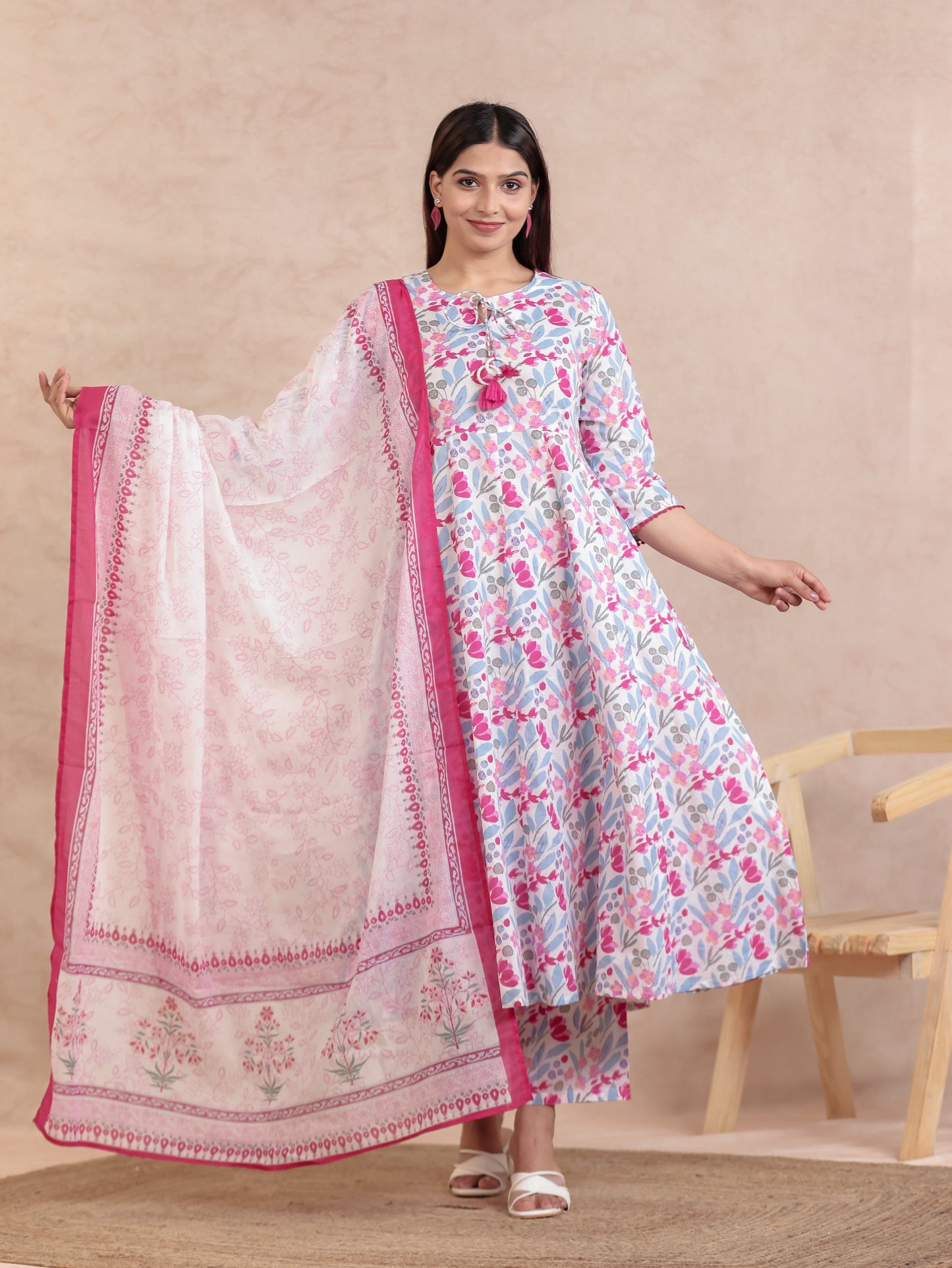 Soft Cotton Floral Anarkali Pink Kurta