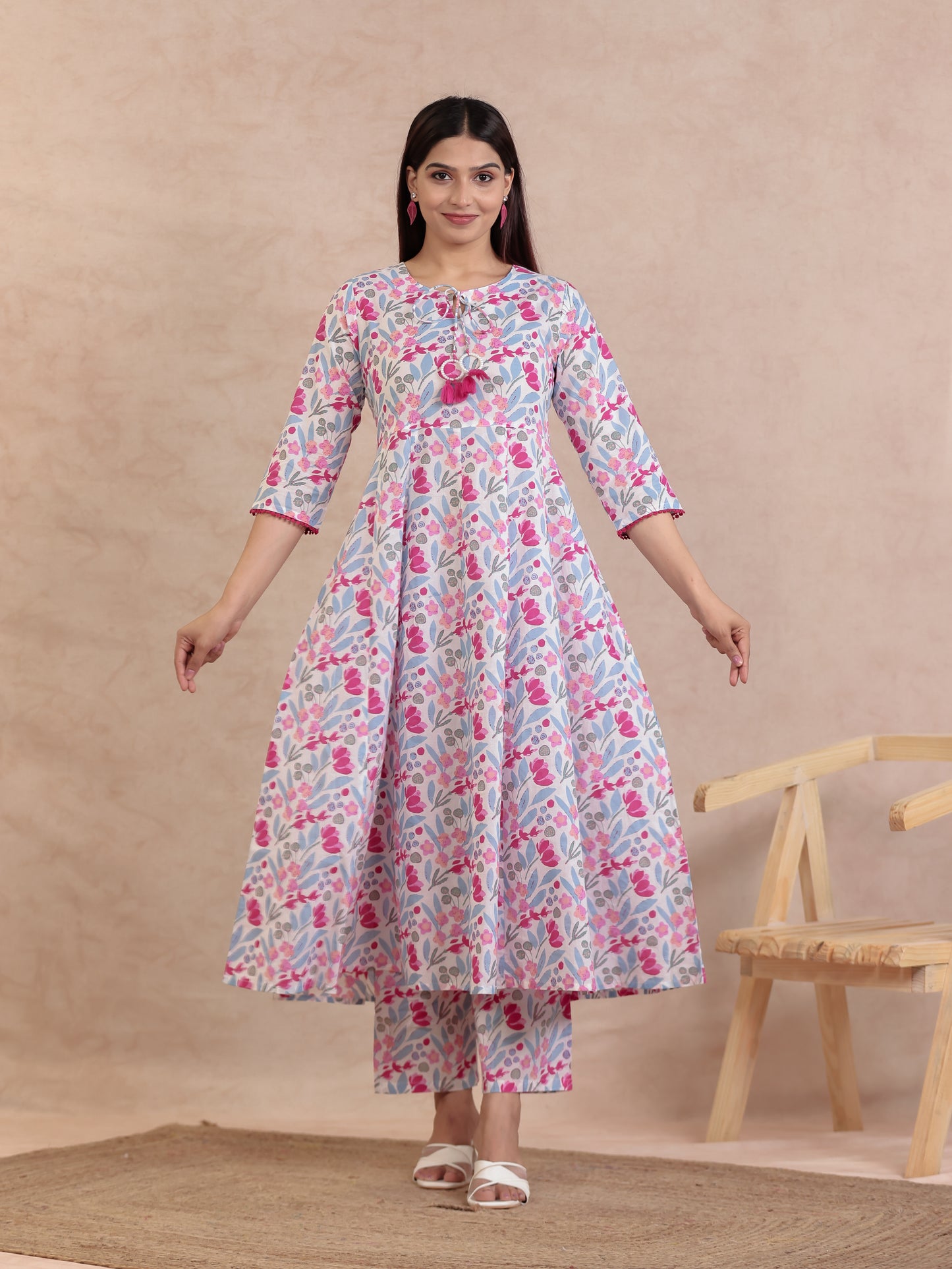 Soft Cotton Floral Anarkali Pink Kurta