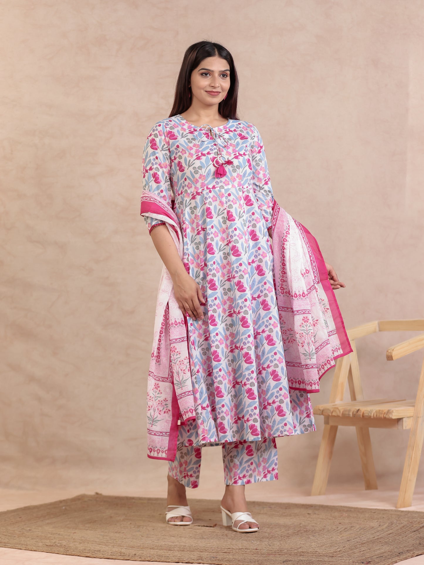 Soft Cotton Floral Anarkali Pink Kurta