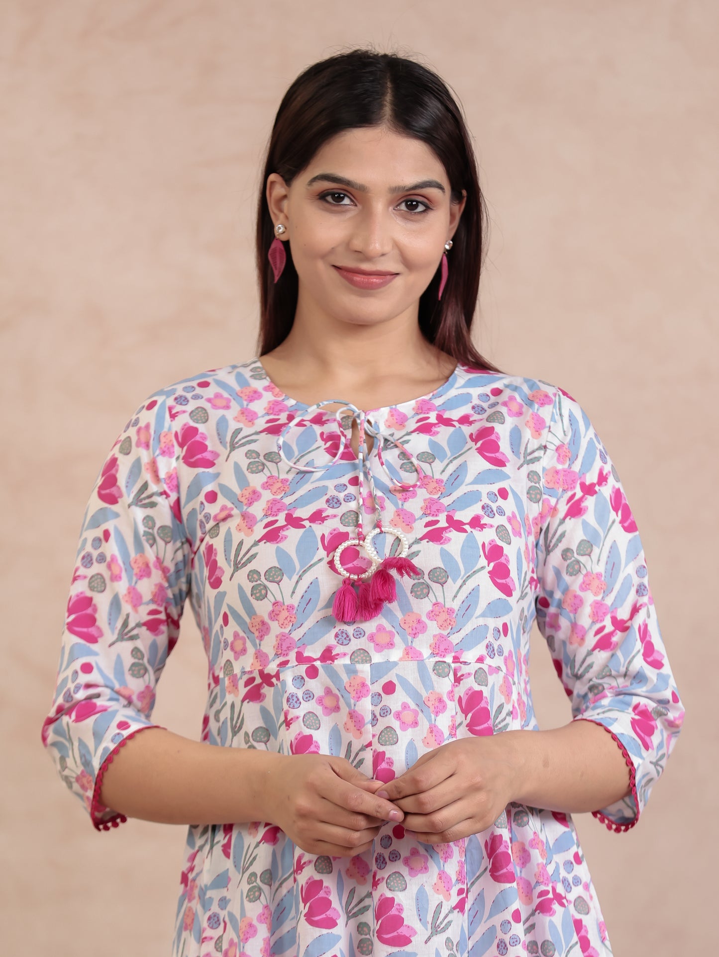Soft Cotton Floral Anarkali Pink Kurta