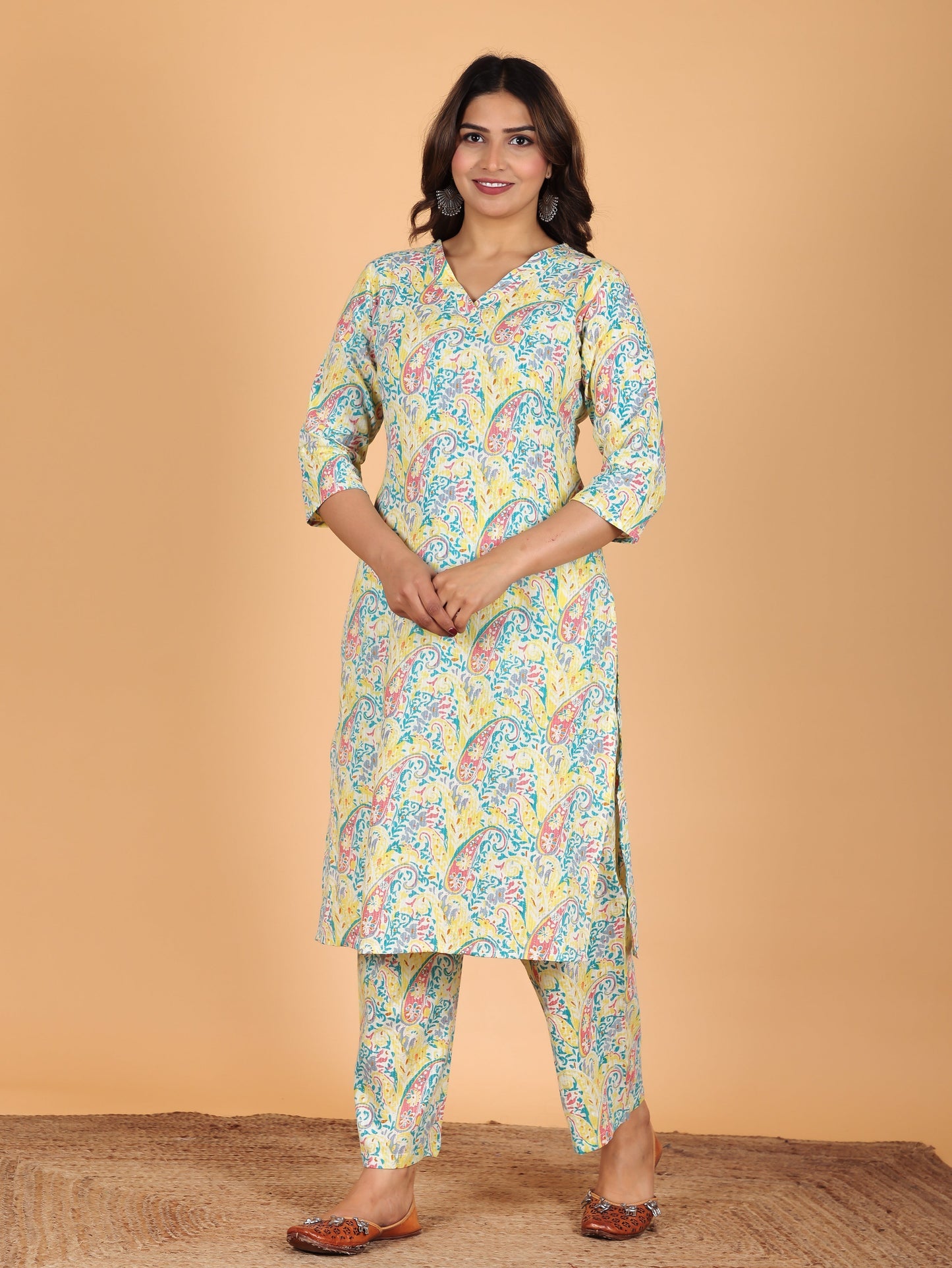 Kantha Cotton Paisley Straight Yellow Kurta