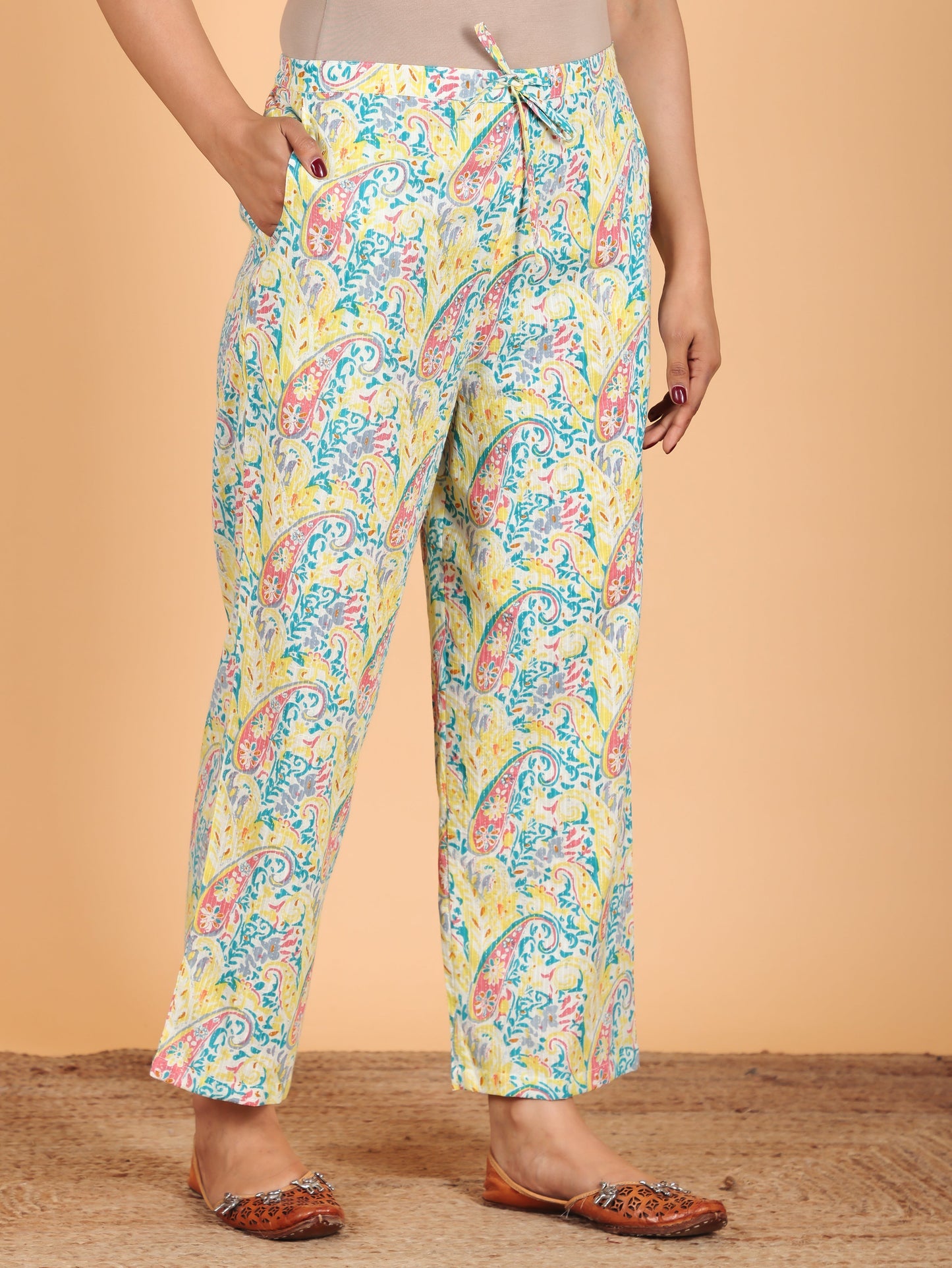 Kantha Cotton Paisley Straight Yellow Kurta