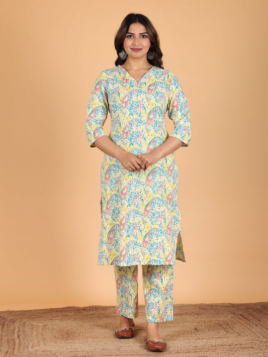 Kantha Cotton Paisley Straight Yellow Kurta