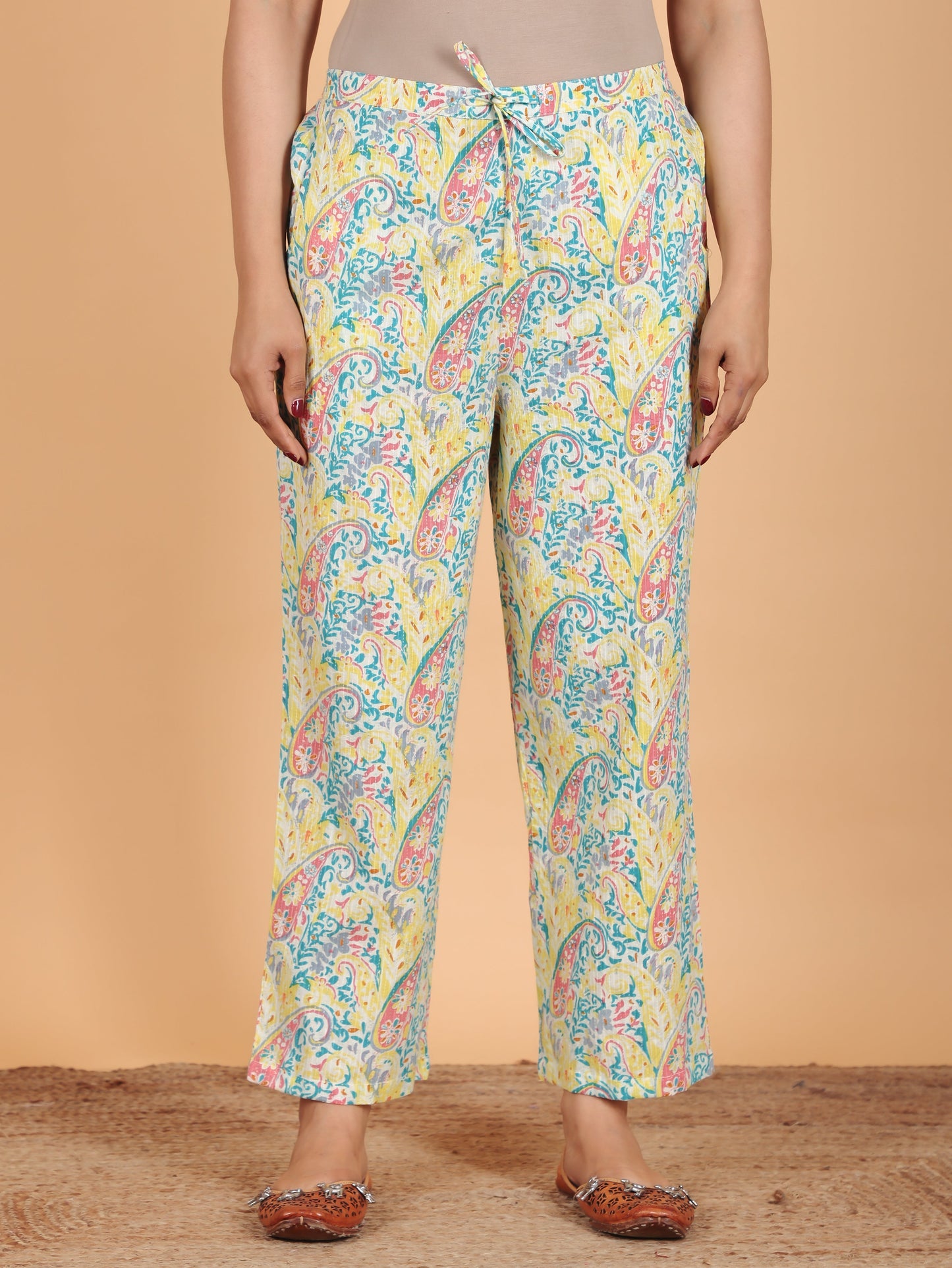 Kantha Cotton Paisley Straight Yellow Kurta