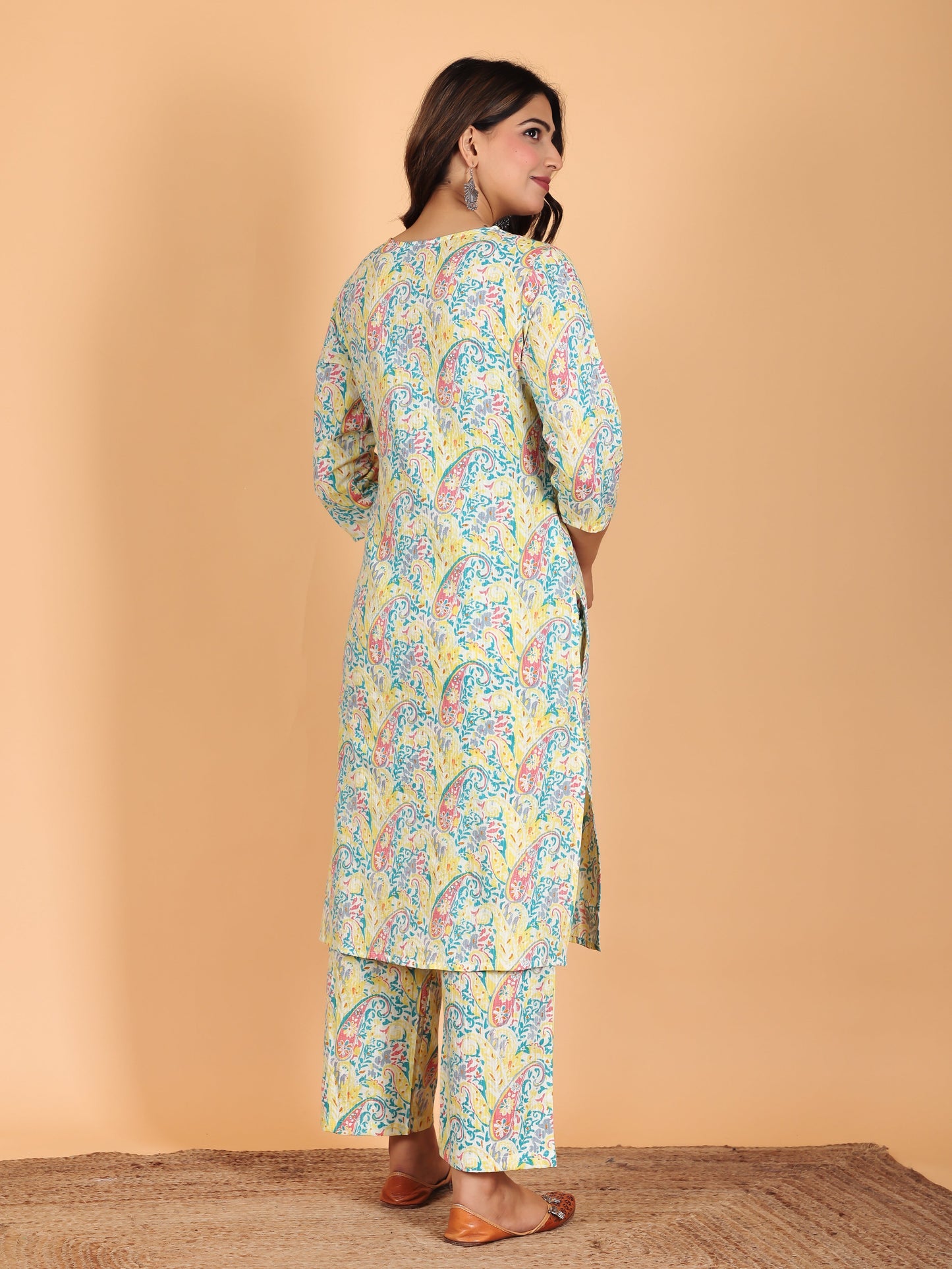 Kantha Cotton Paisley Straight Yellow Kurta