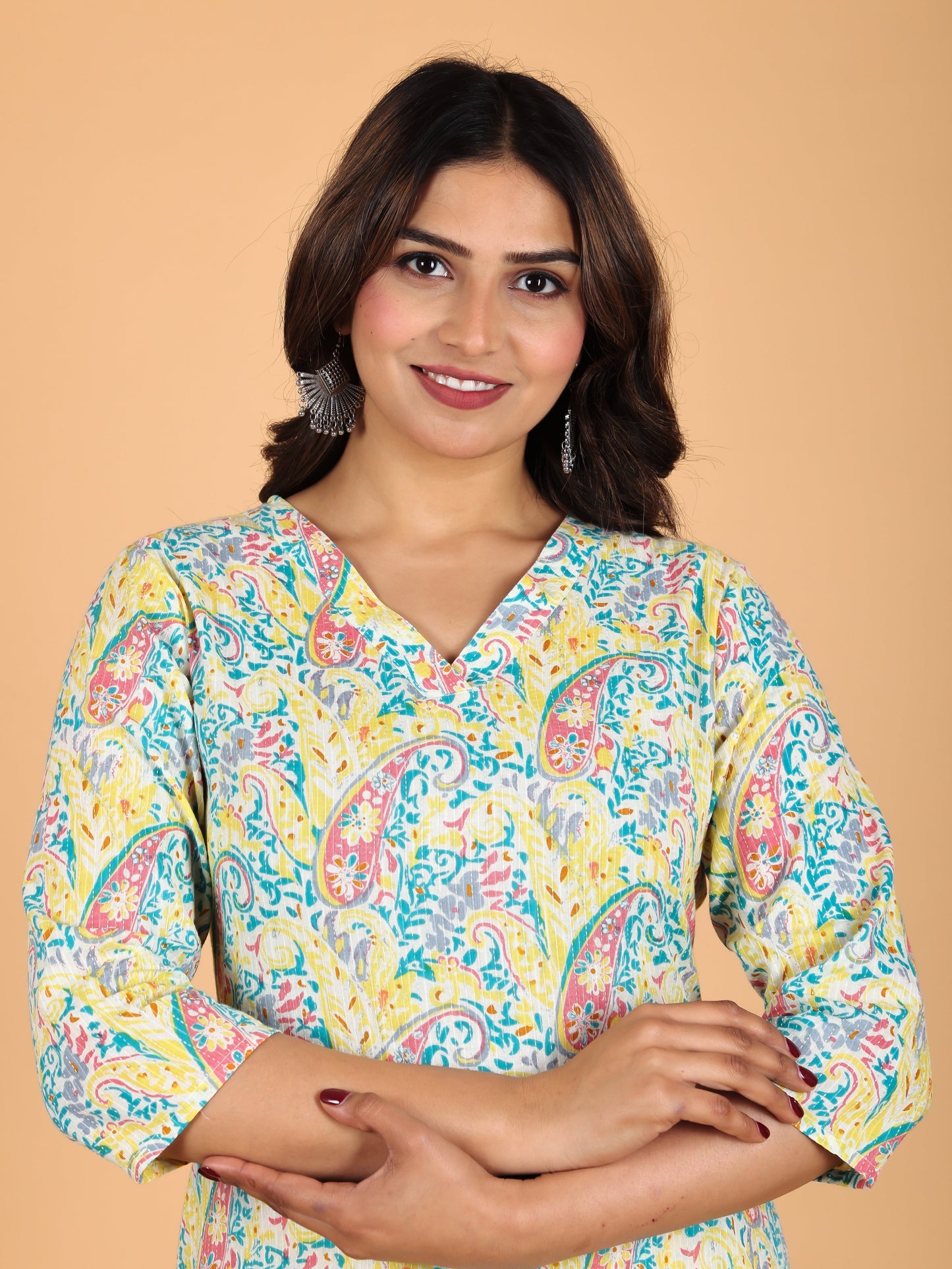 Kantha Cotton Paisley Straight Yellow Kurta