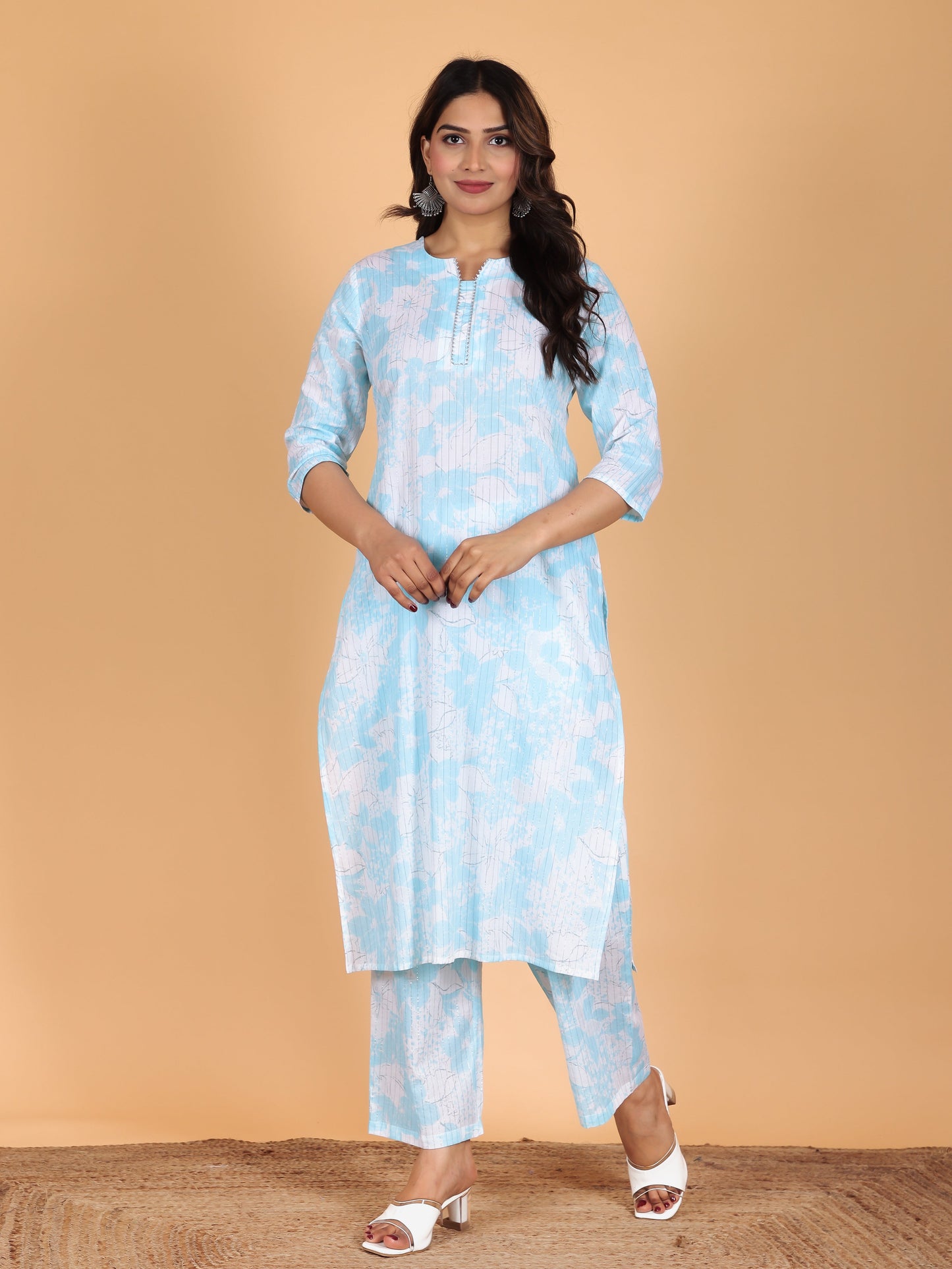 Lurex Cotton Floral Straight Blue Kurta
