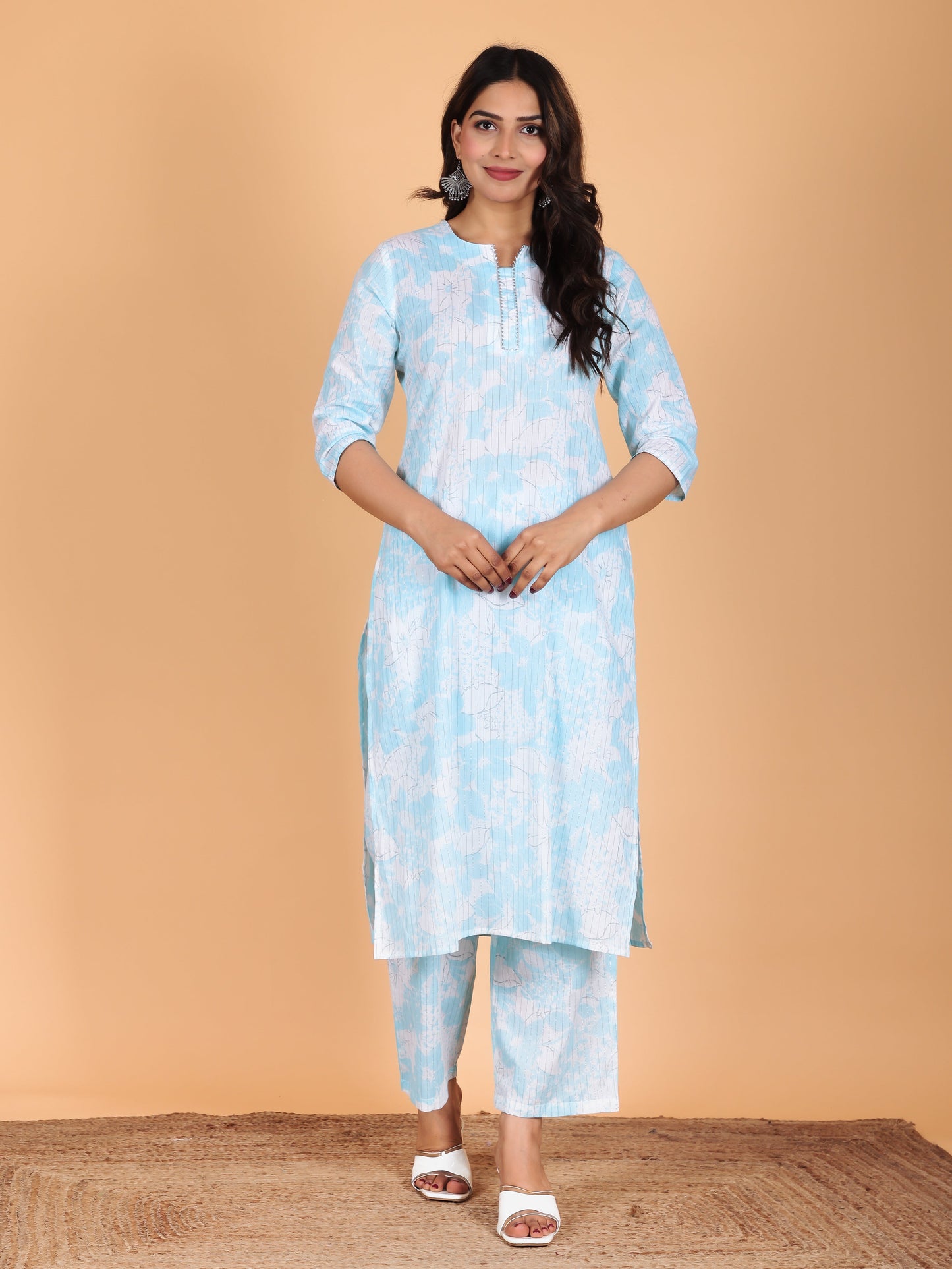 Lurex Cotton Floral Straight Blue Kurta