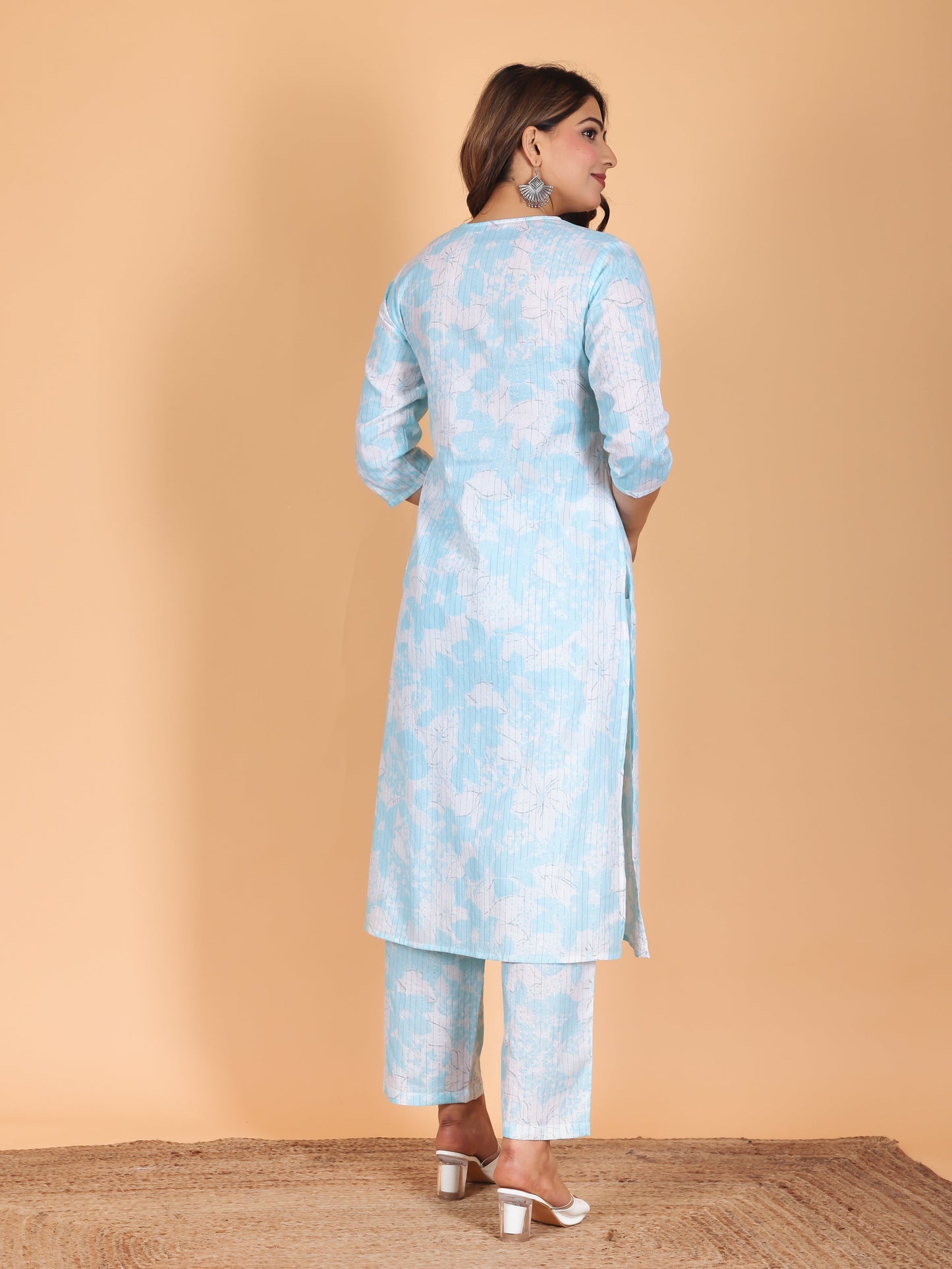 Lurex Cotton Floral Straight Blue Kurta