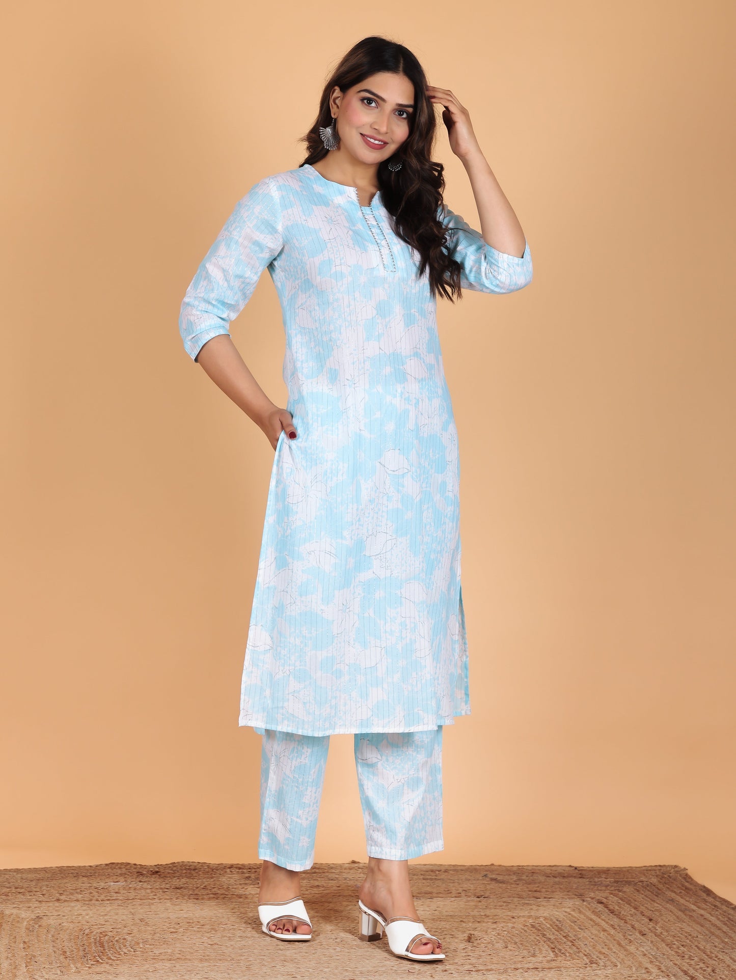 Lurex Cotton Floral Straight Blue Kurta