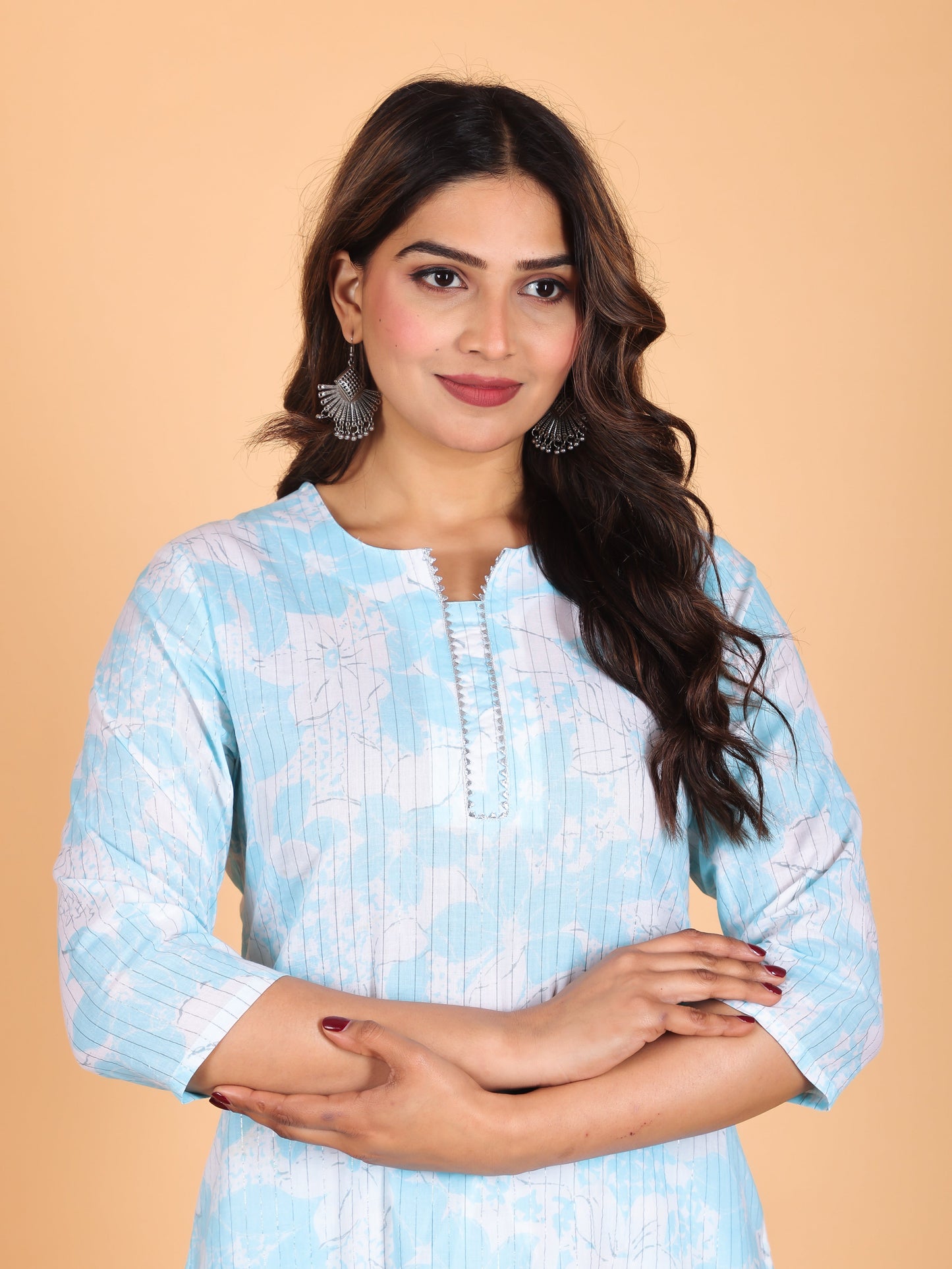Lurex Cotton Floral Straight Blue Kurta